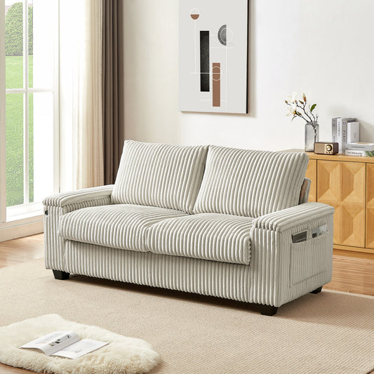 Plush Corduroy Loveseat Sofa  With Square Storage Armrest USB port