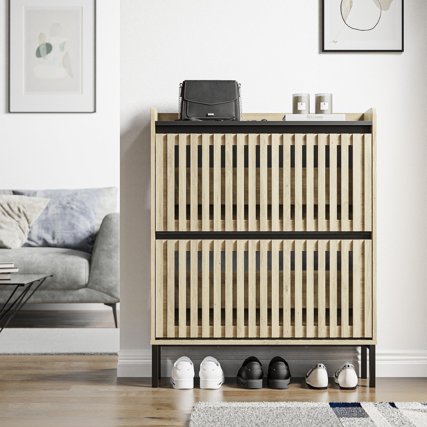 Modern Minimalist 2 Flip Shoe Cabinet for Entryway