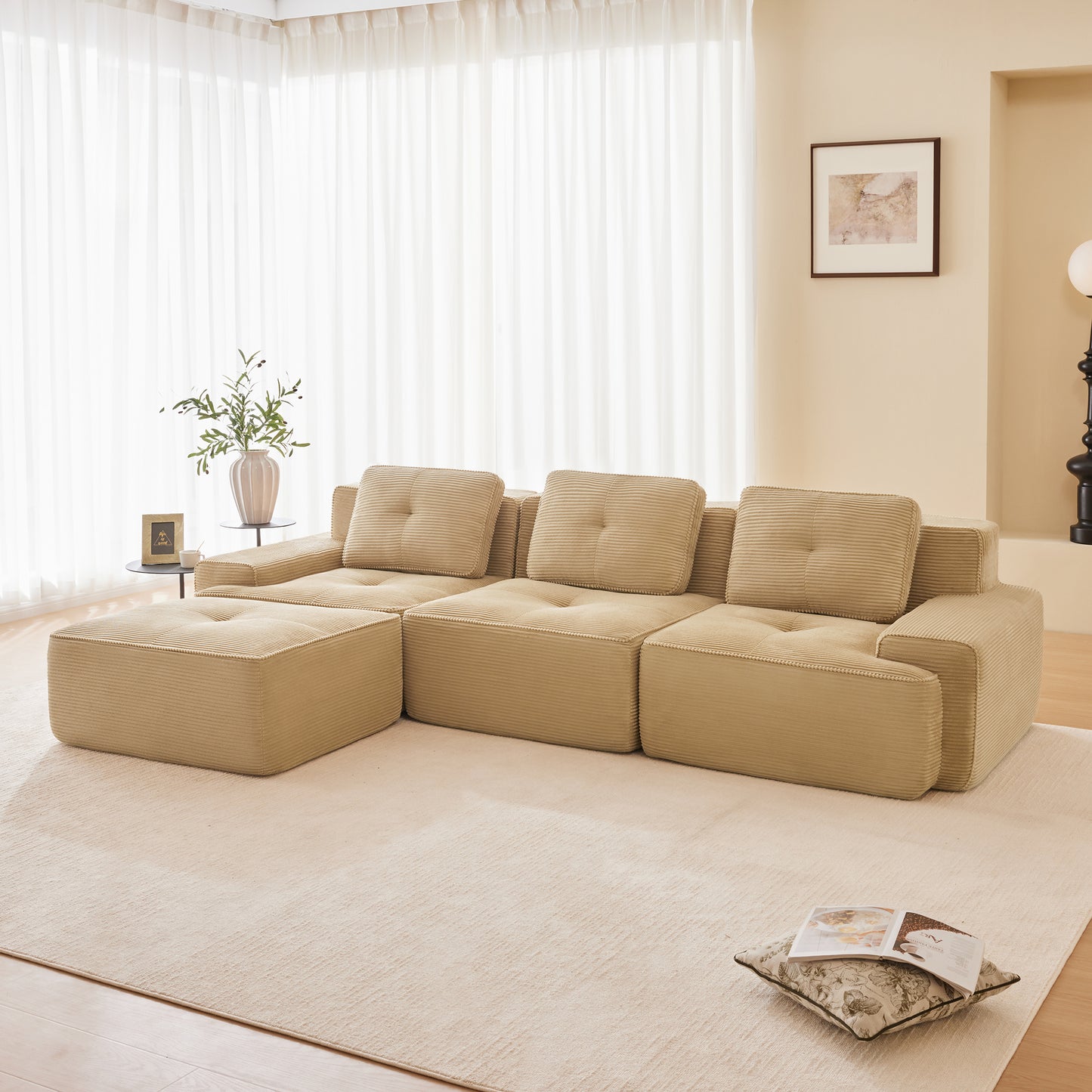 Modular Sectional Sofa for Living Room, Corduroy Fabric Deep Seat and Movable Ottoman, Pearl-like piping, Tufted Design, No Assembly