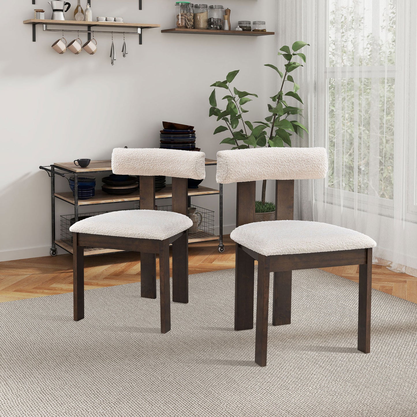 Modern Round MDF Wooden Dining Table and Boucle Upholstered Chair Ensemble