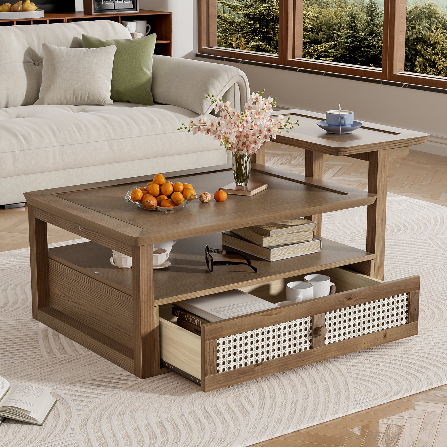 Modern Living Room Coffee Table: 1 Storage Shelf, 2 Tabletops & Rattan Drawer