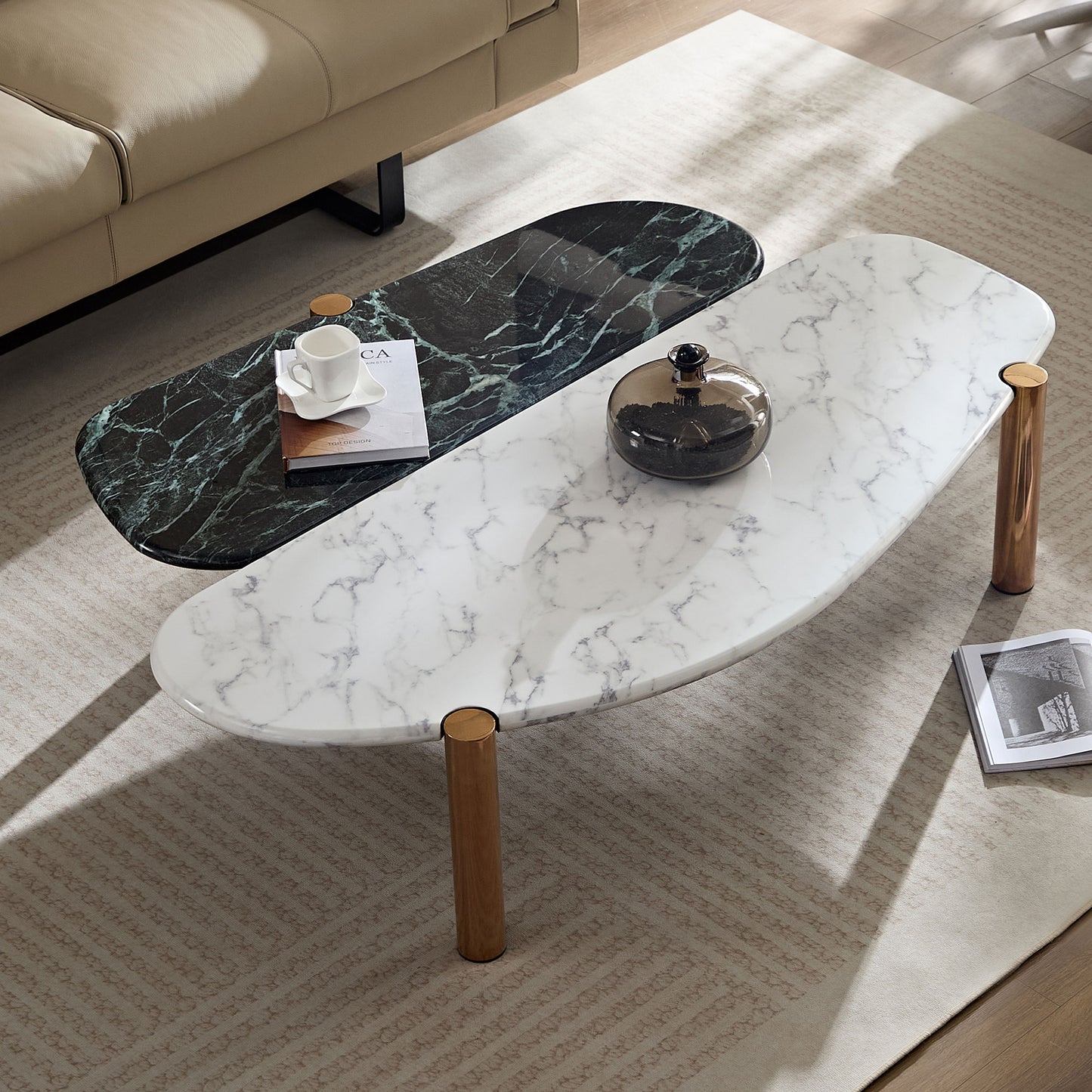 Faux Marble Coffee Tables Accent Tea Tables with Gold Metal Foot