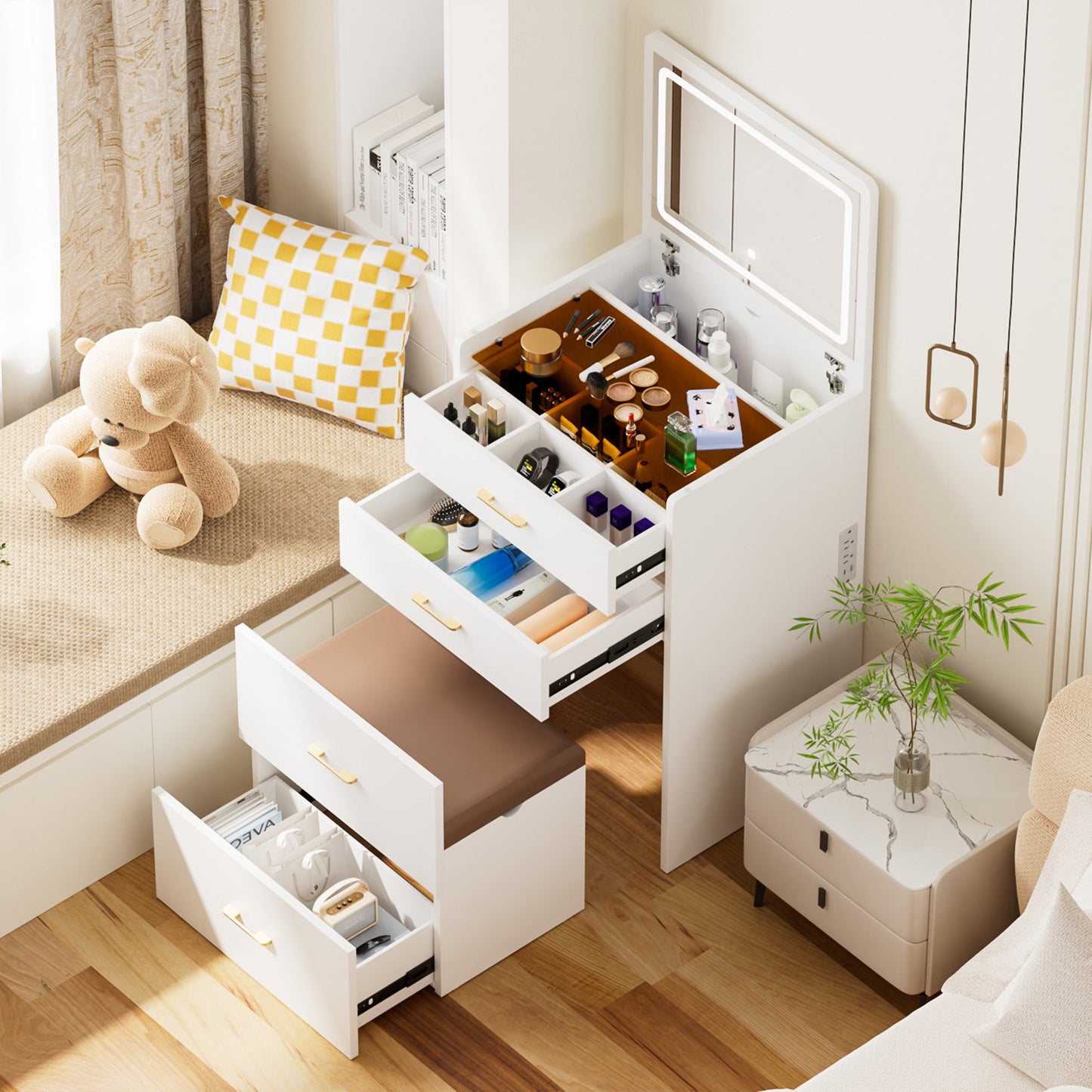 23.6'' Wide Makeup Vanity Table: Flip - Top Lighted, 3 - in - 1 with Storage Stool, Glass, LED, Power Outlet