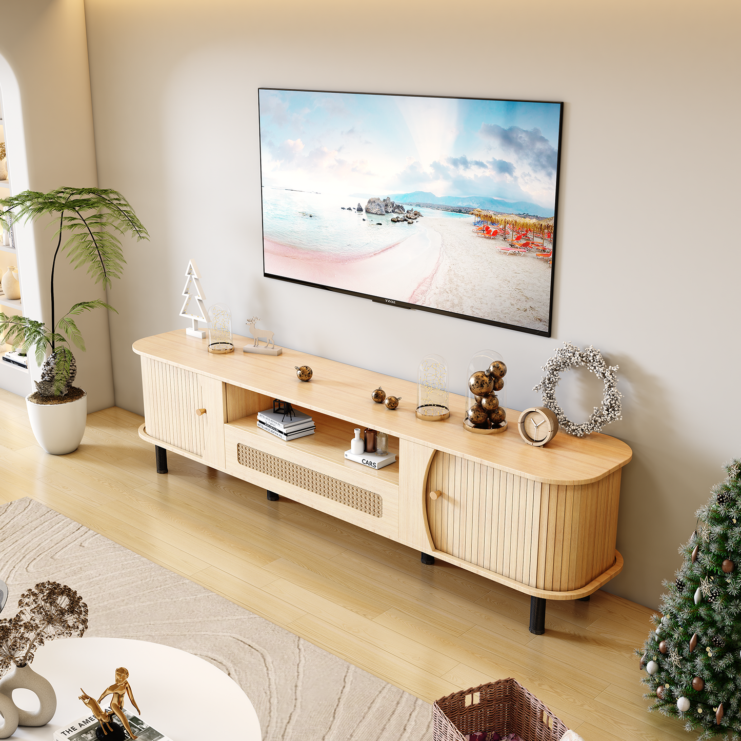 Modern Curved TV Stand for 80 - Inch TVs: Farmhouse - Style with Cable Management 3 Colors