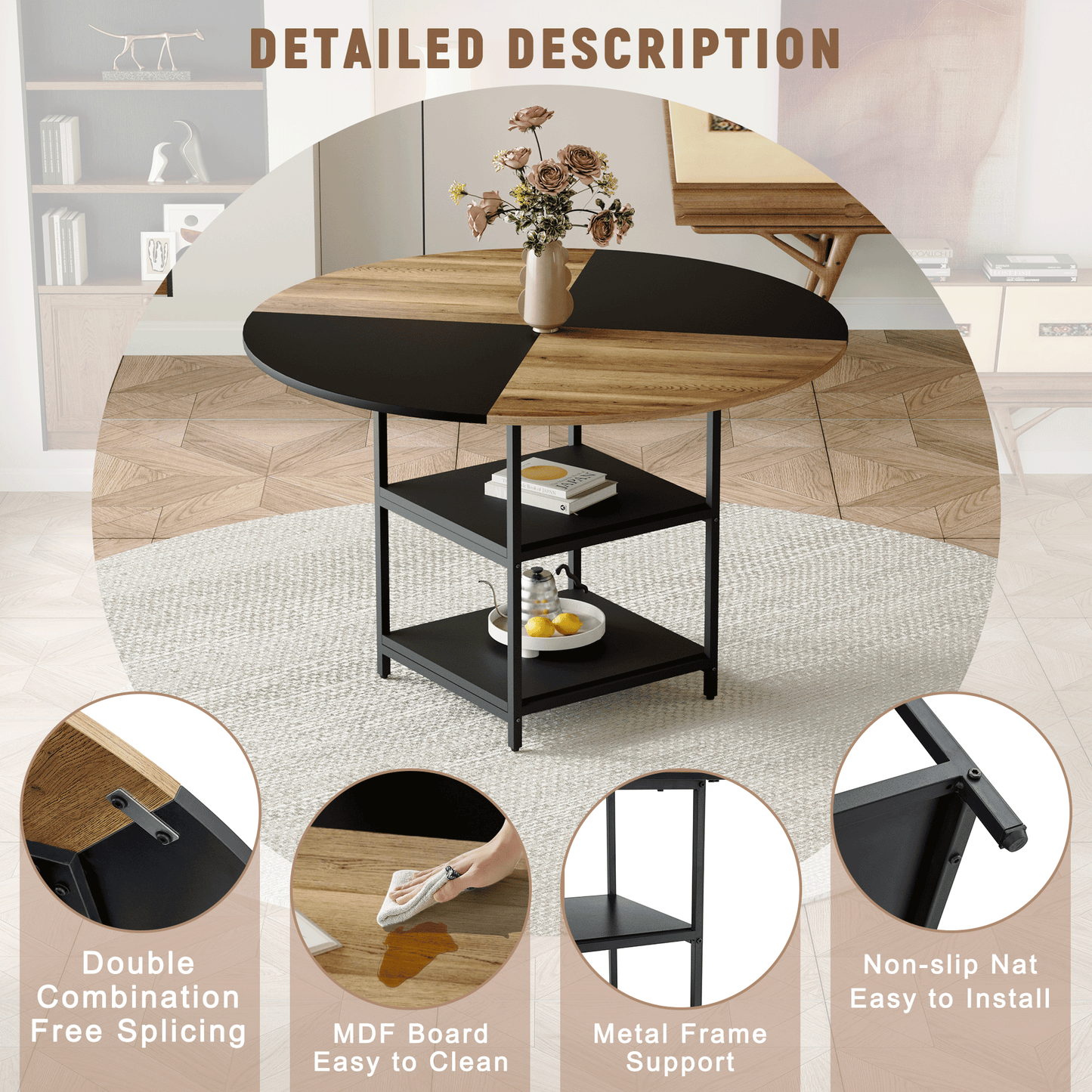 47.3 - Inch Spliced - Color Circular Dining Table Set: 4-6 Black PU Chairs, Double - Layer Storage
