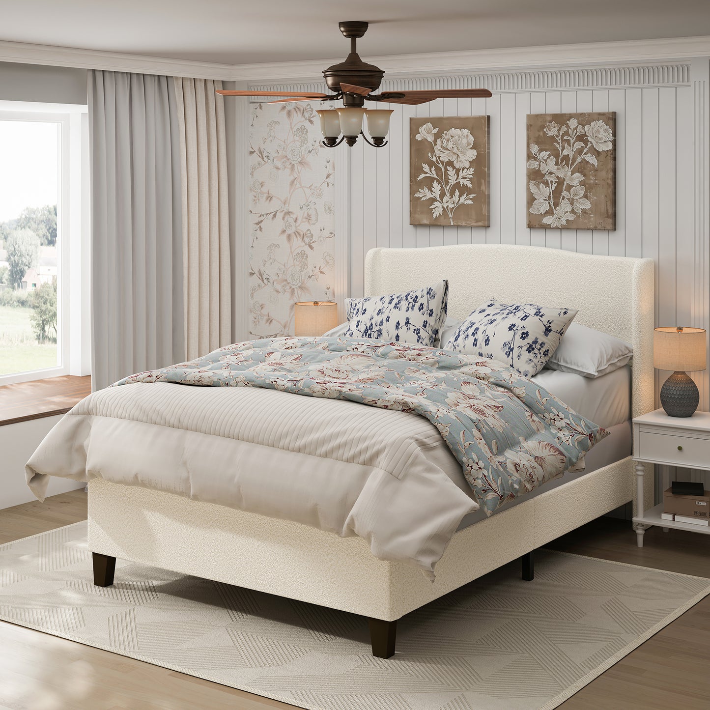 Teddy Velvet Bed Frame with High Back Upholstered Headboard and High Footboard