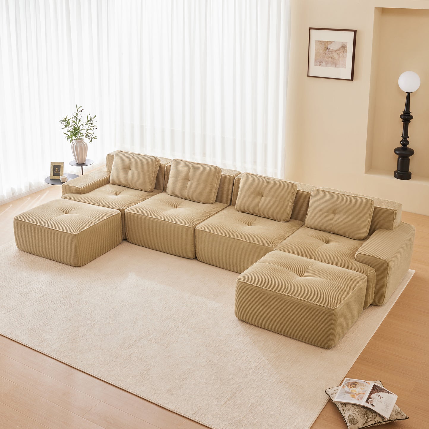 Modular Sectional Sofa for Living Room, Corduroy Fabric Deep Seat and Movable Ottoman, Pearl-like piping, Tufted Design, No Assembly