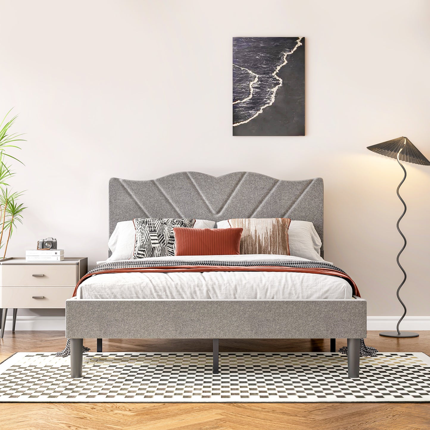 Modern Platform Bed Frame with Upholstered Headboard and Wooden Slats - Skip Box Spring, Easy Assembly