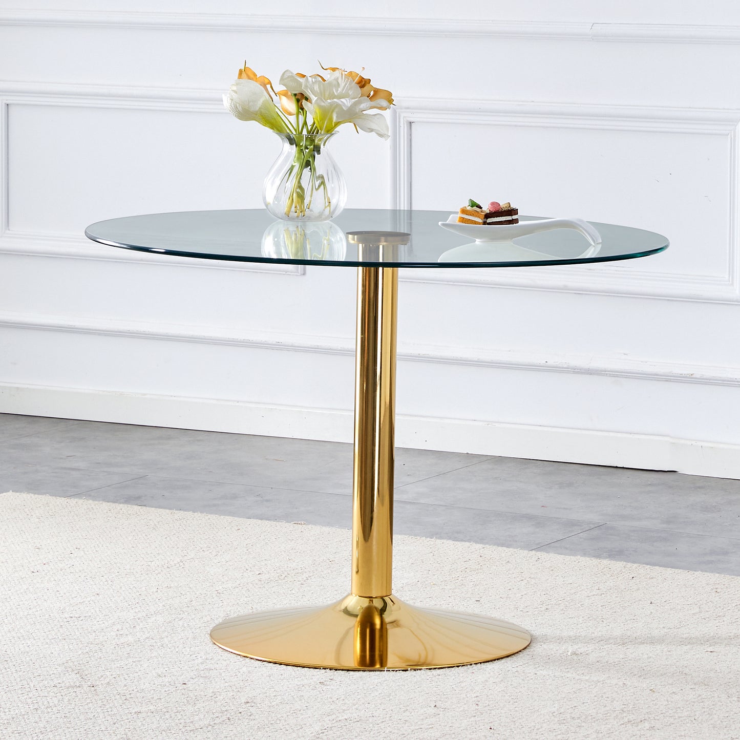 Modern Minimalist Round Dining Table - Gold Metal Legs, Diameter Glass Top for Multiple Rooms