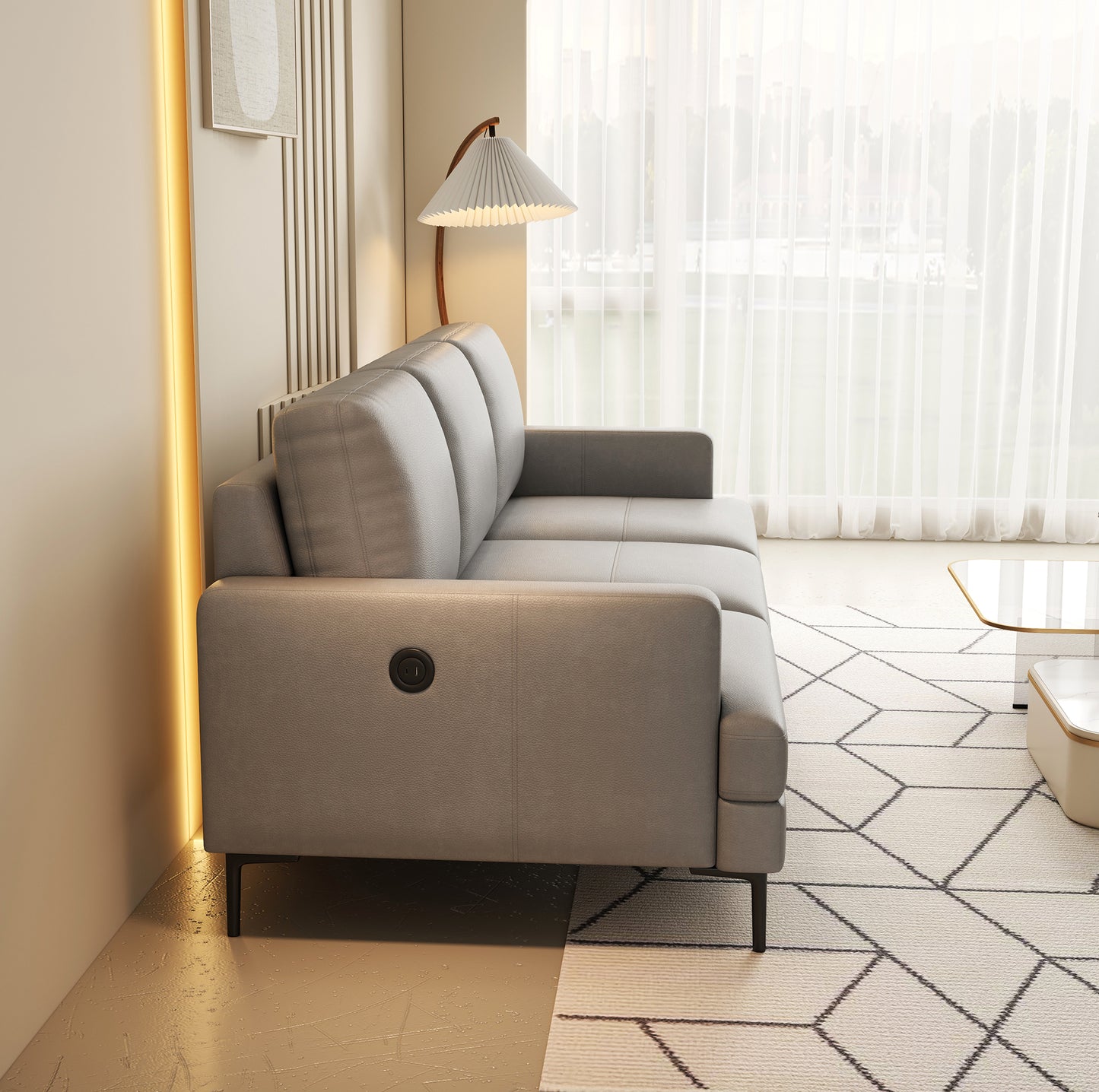 77 - inch Gray Luxury Genuine Leather - Match Sofa: USB & Type - C Charger, 3 - Seater for Living & Office