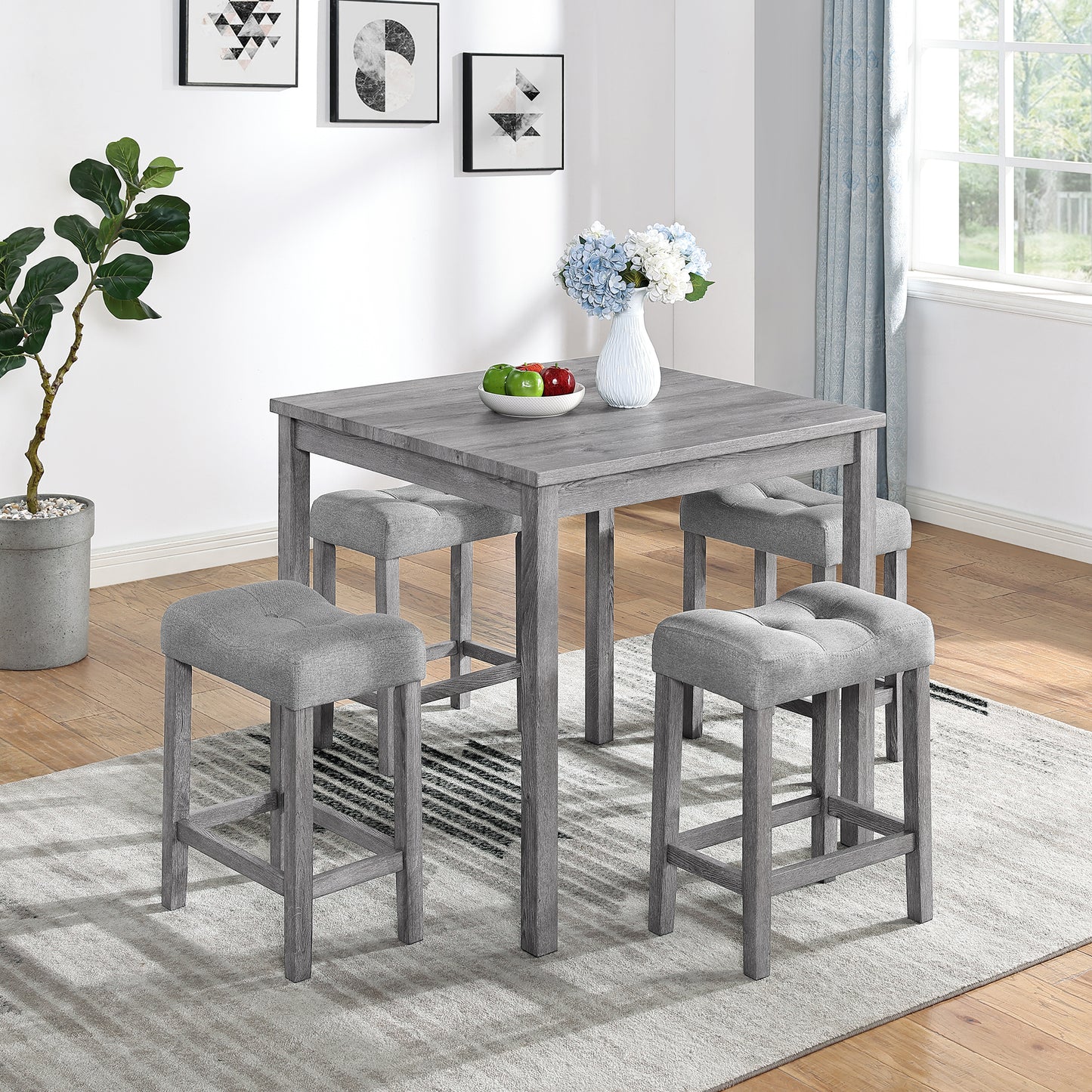 5-Piece Dining Table Set | Industrial Square Table + 4 Bar Stools – Black/Gray/Brown, Space-Saving, Easy Assembly