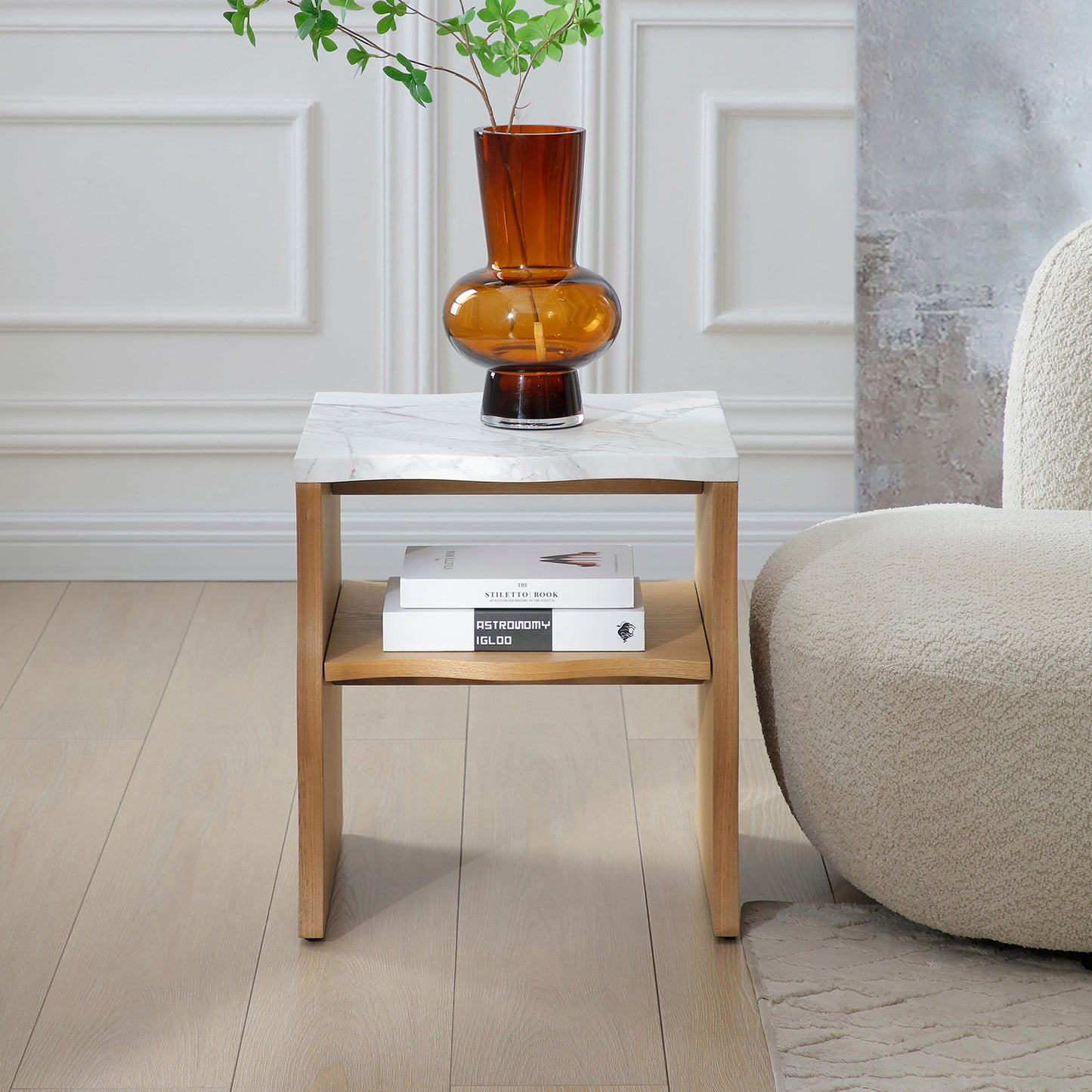 Modern Faux Marble Coffee Table  End Table Set | White Marble Top, Solid Wood Veneered Base – Flowing Wave Design, Natural/Walnut