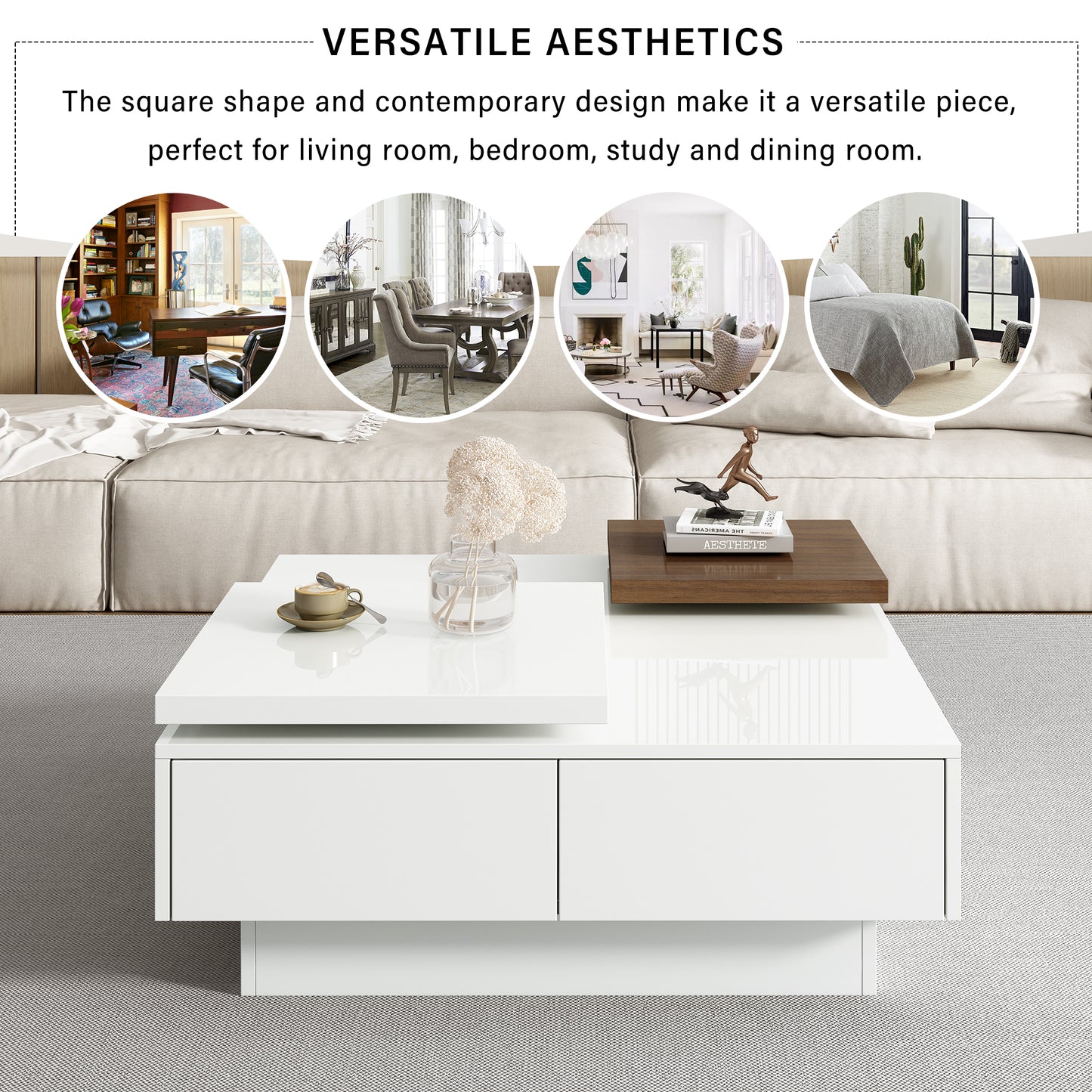 Movable Top Modern Square Wood Coffee Table with 4 Hidden Drawers