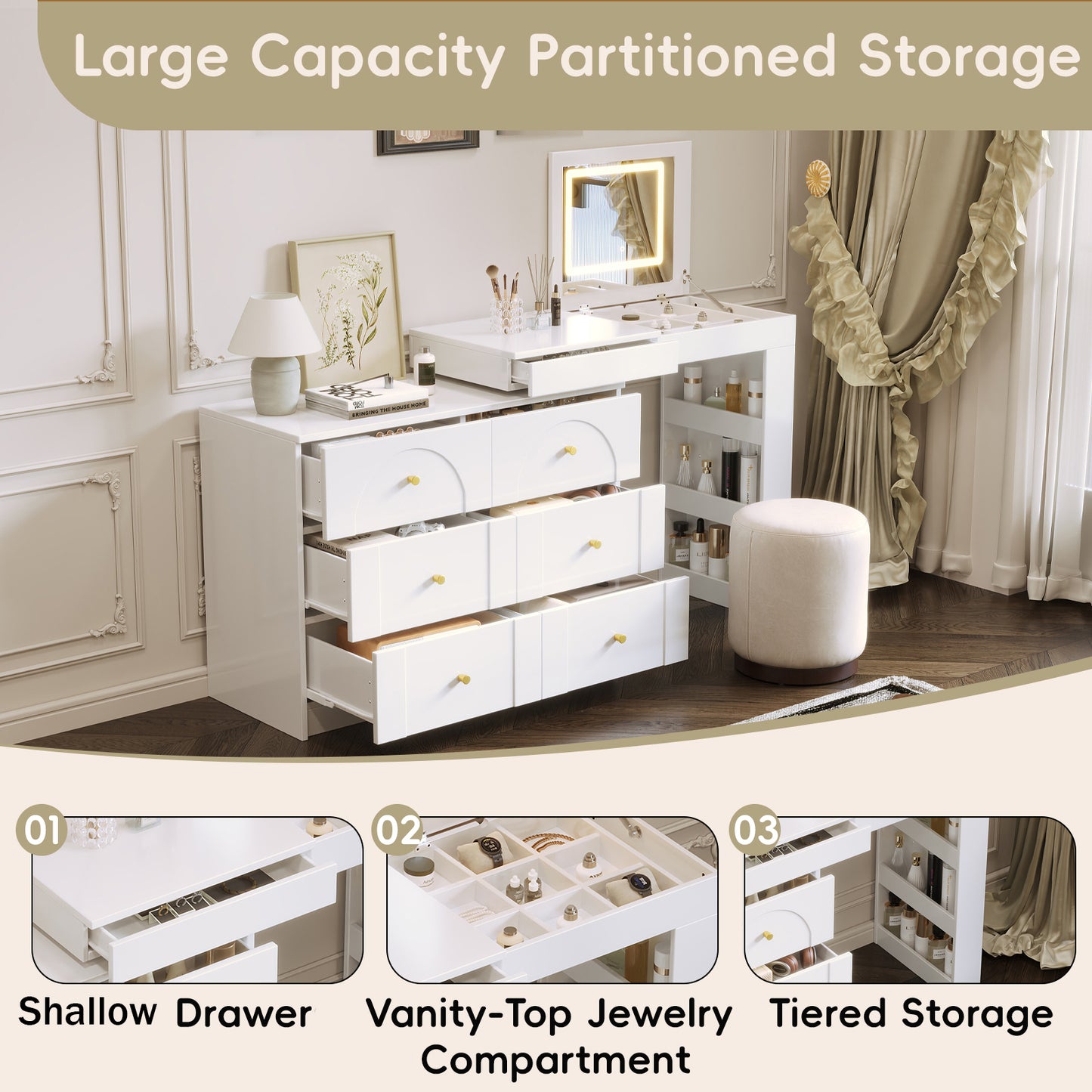 Vanity Desk with Mirror and Lights: Makeup Vanity with Flip - Top, 7 Drawers, 9 Compartments & 3 Shelves