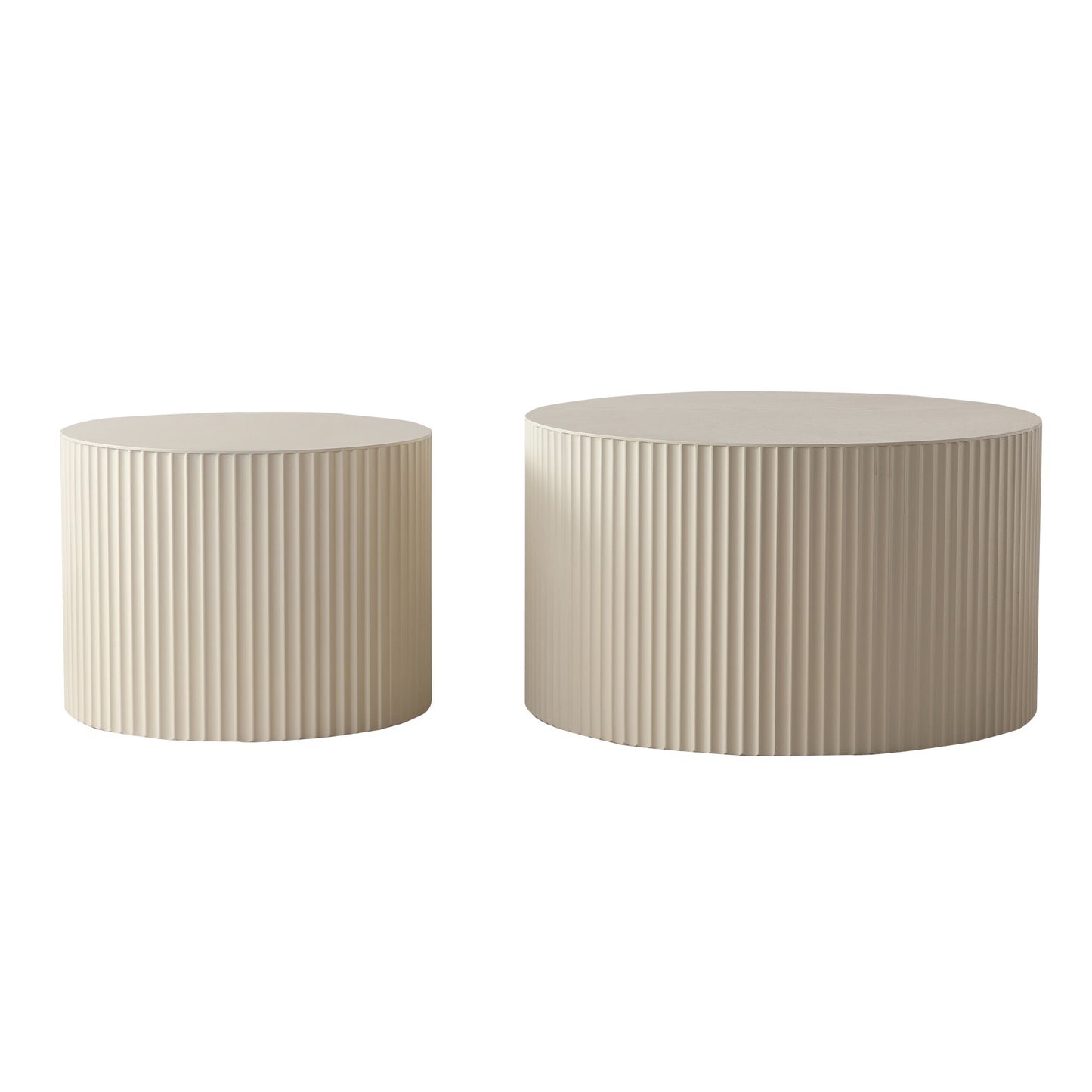 Set of 2 Beige Nesting Coffee Tables: Modern Drum - Shaped for Living Room