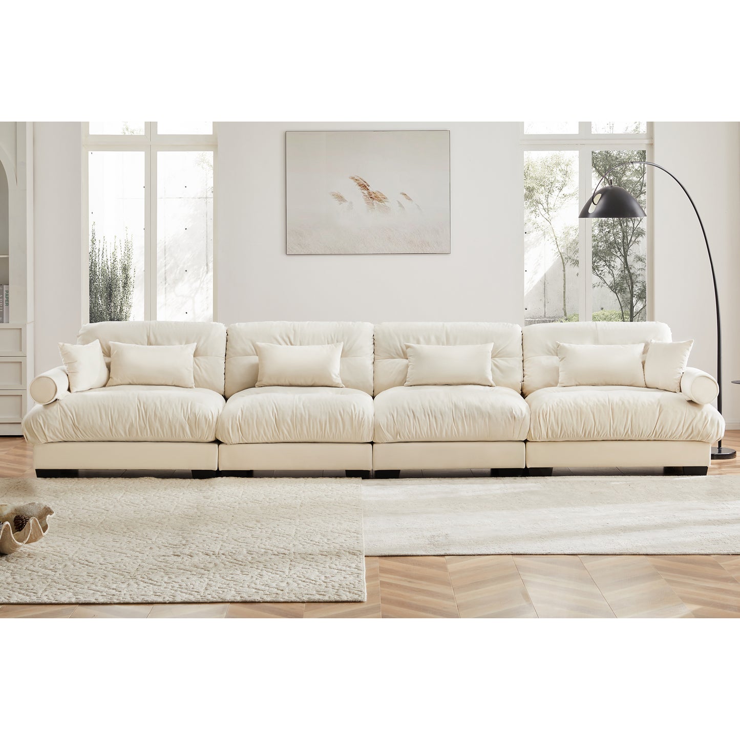 Deep Seat Cloud Couch in Cream: Modular Velvet Sectional with Bolstered Armrests 2-3-4 seats