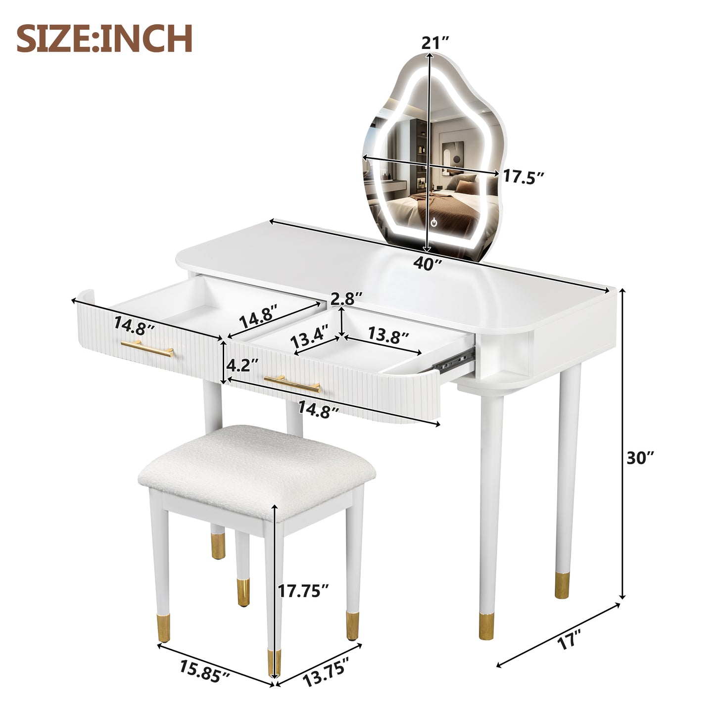 Modern Vanity Table Set: Touch - Screen Lighted Mirror, 2 Large Drawers, Cushioned Stool