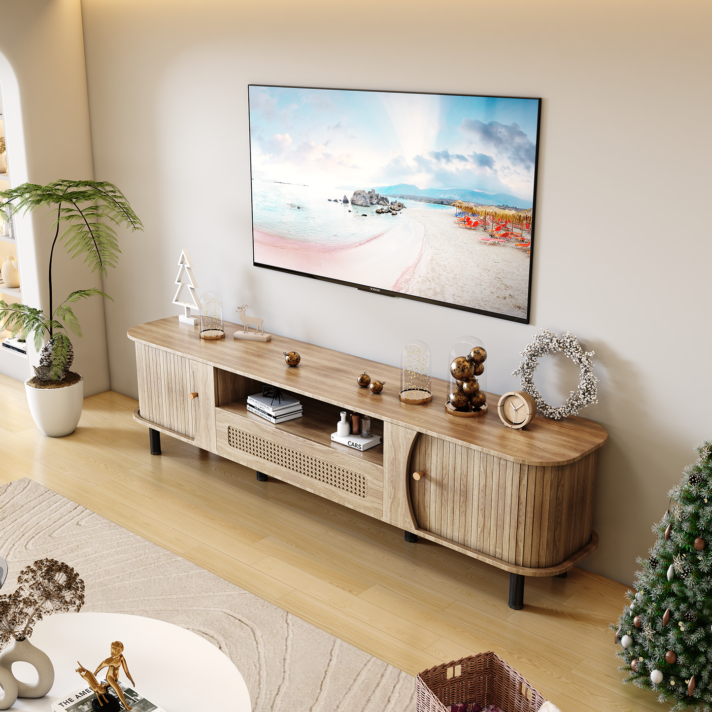 Modern Curved TV Stand for 80 - Inch TVs: Farmhouse - Style with Cable Management 3 Colors