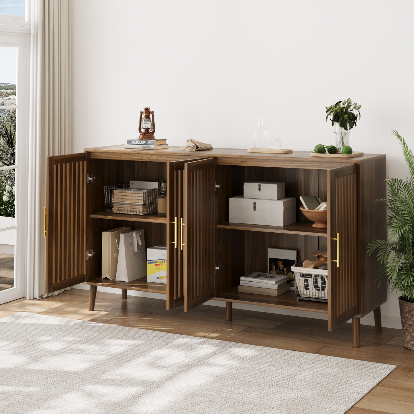 Walnut Sideboard Buffet Cabinet With Storage