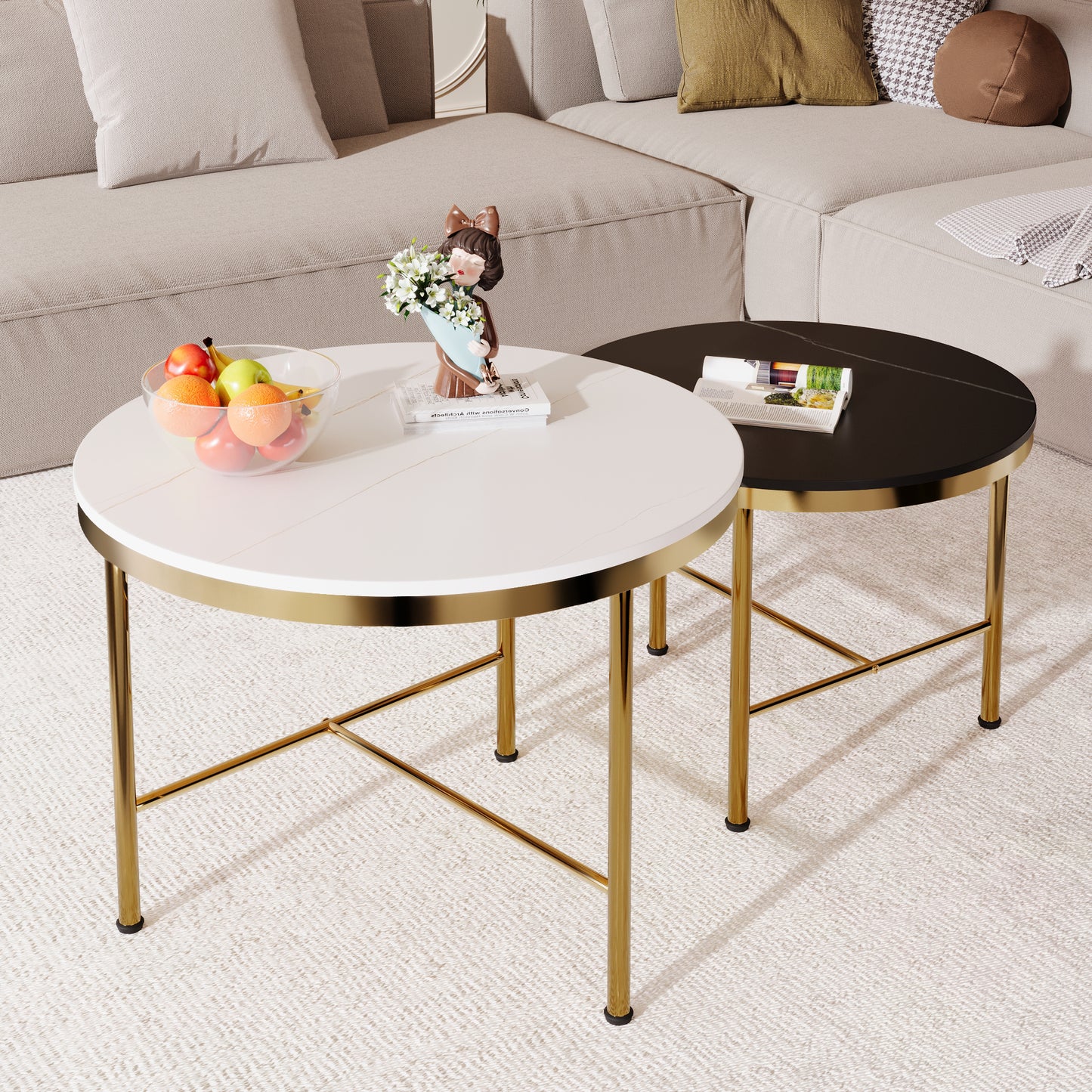 Black & White Sintered Stone Top Coffee Tables: Modern, Gold - Based Nesting Set