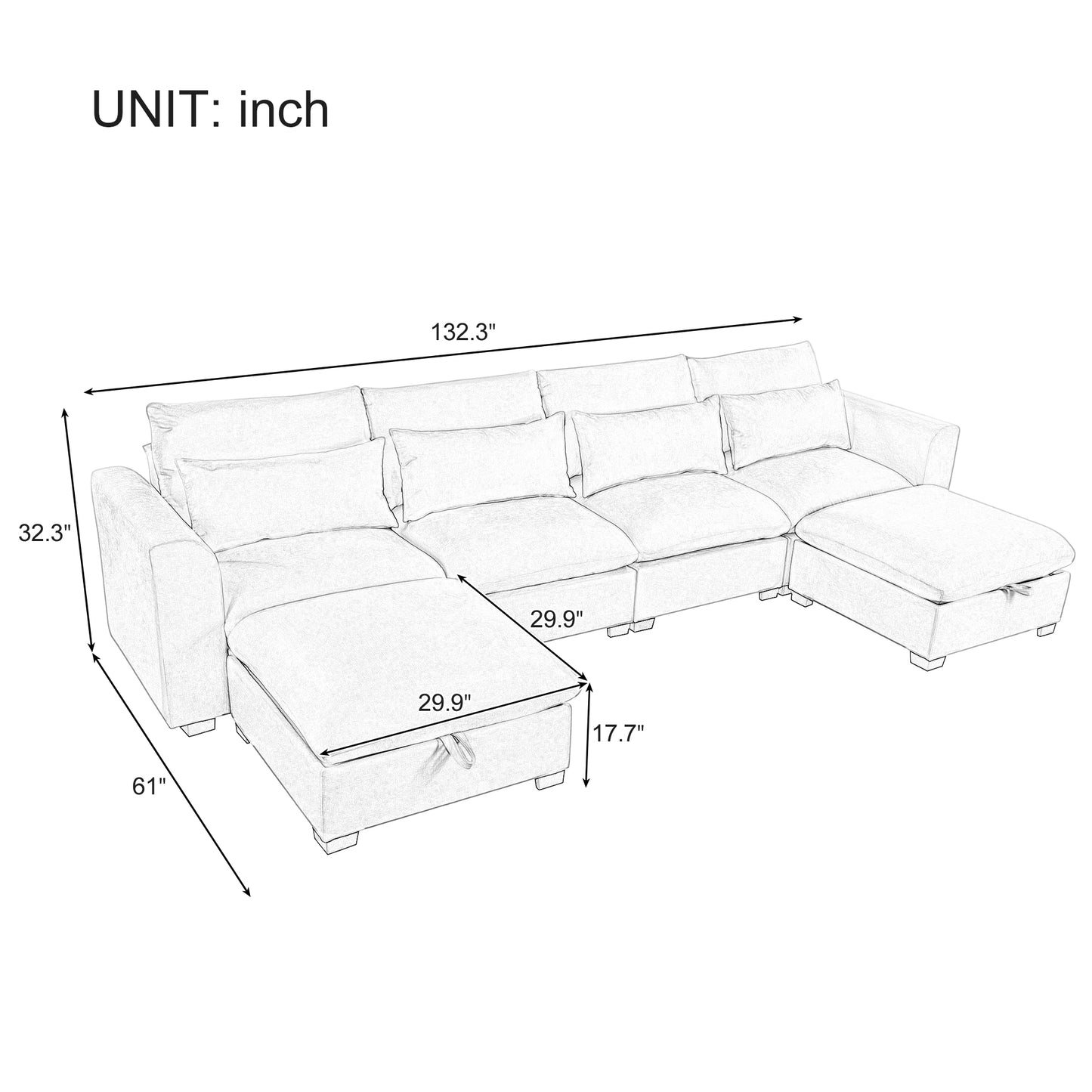 132"U - shaped Freely Transformable Modular Corner Sofa with 2 Ottomans: Ideal for Living Rooms