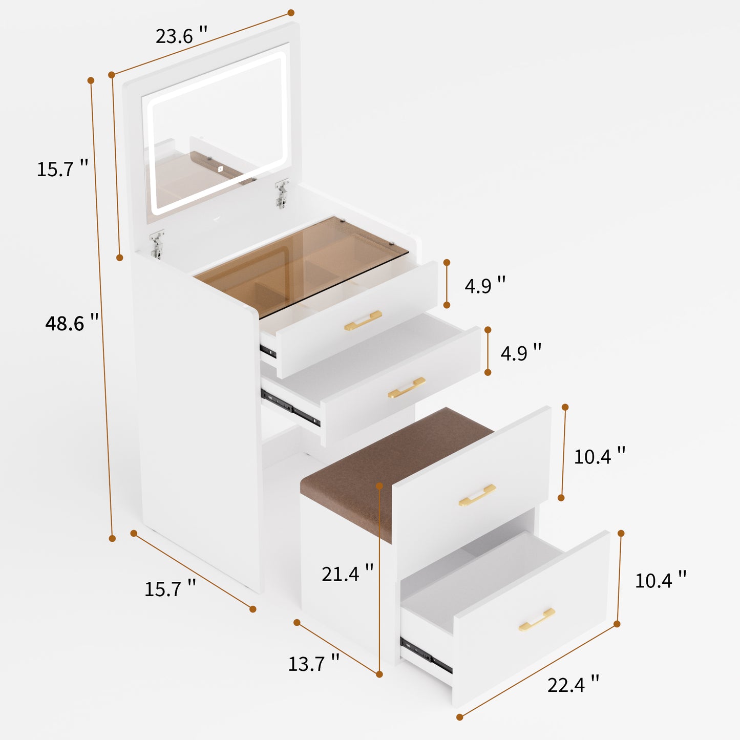 23.6'' Wide Makeup Vanity Table: Flip - Top Lighted, 3 - in - 1 with Storage Stool, Glass, LED, Power Outlet