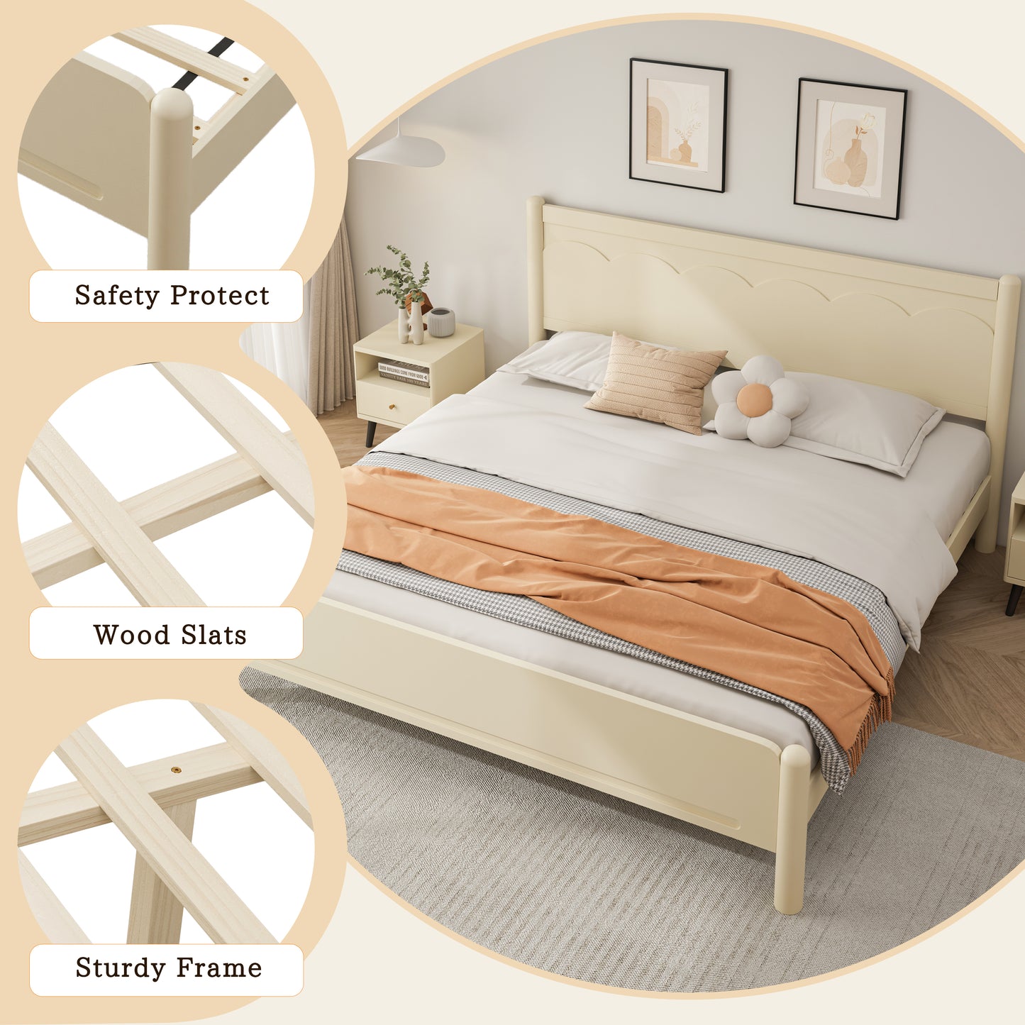 Wood Platform Bed with Headboard,Solid Wood Legs, Mattress Foundation with 10 Wooden Slats,No Box Spring Needed