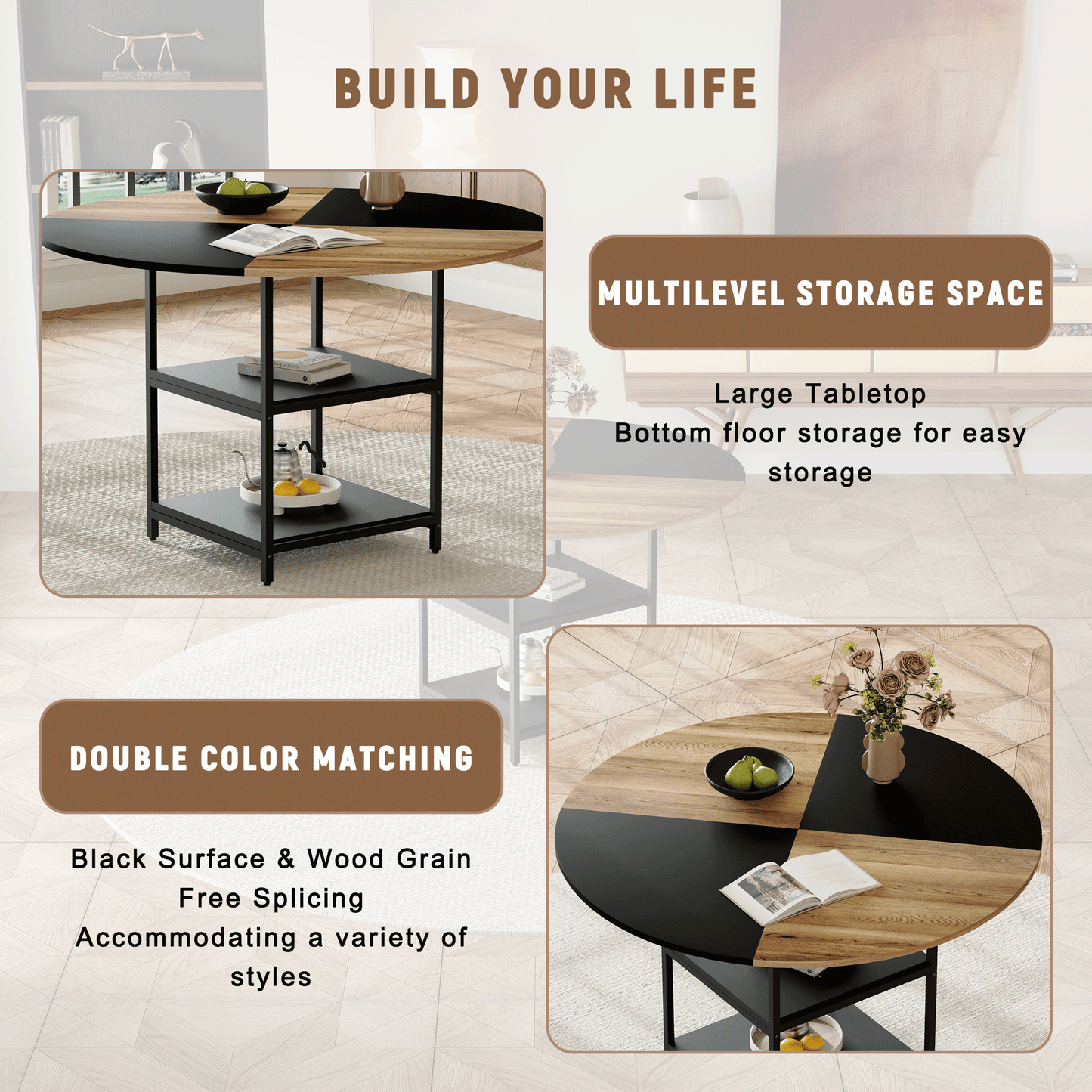 47.3 - Inch Spliced - Color Circular Dining Table Set: 4-6 Black PU Chairs, Double - Layer Storage