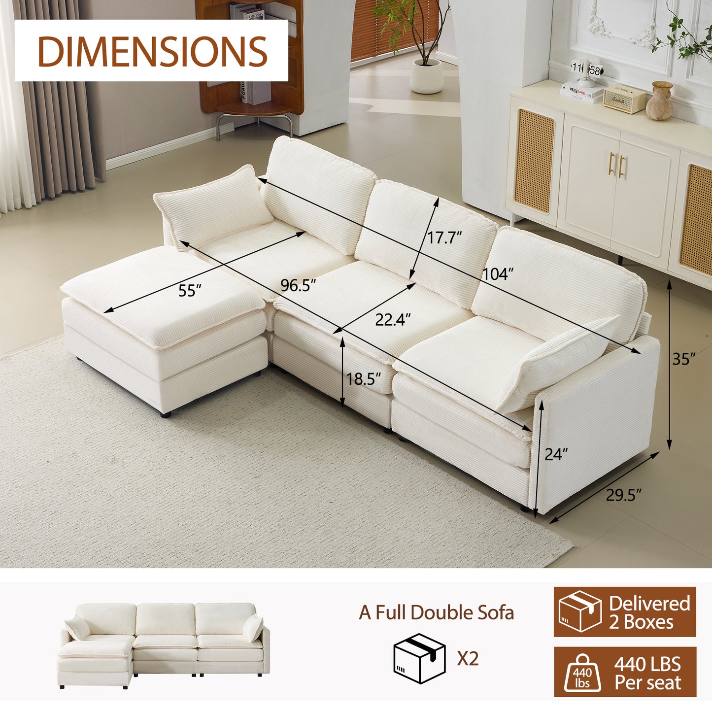 Modular Sectional Sofa 1-2-3-4 Seater with Chenille Cushions & Throw Pillows – Cloud Comfort Corduroy Sofa