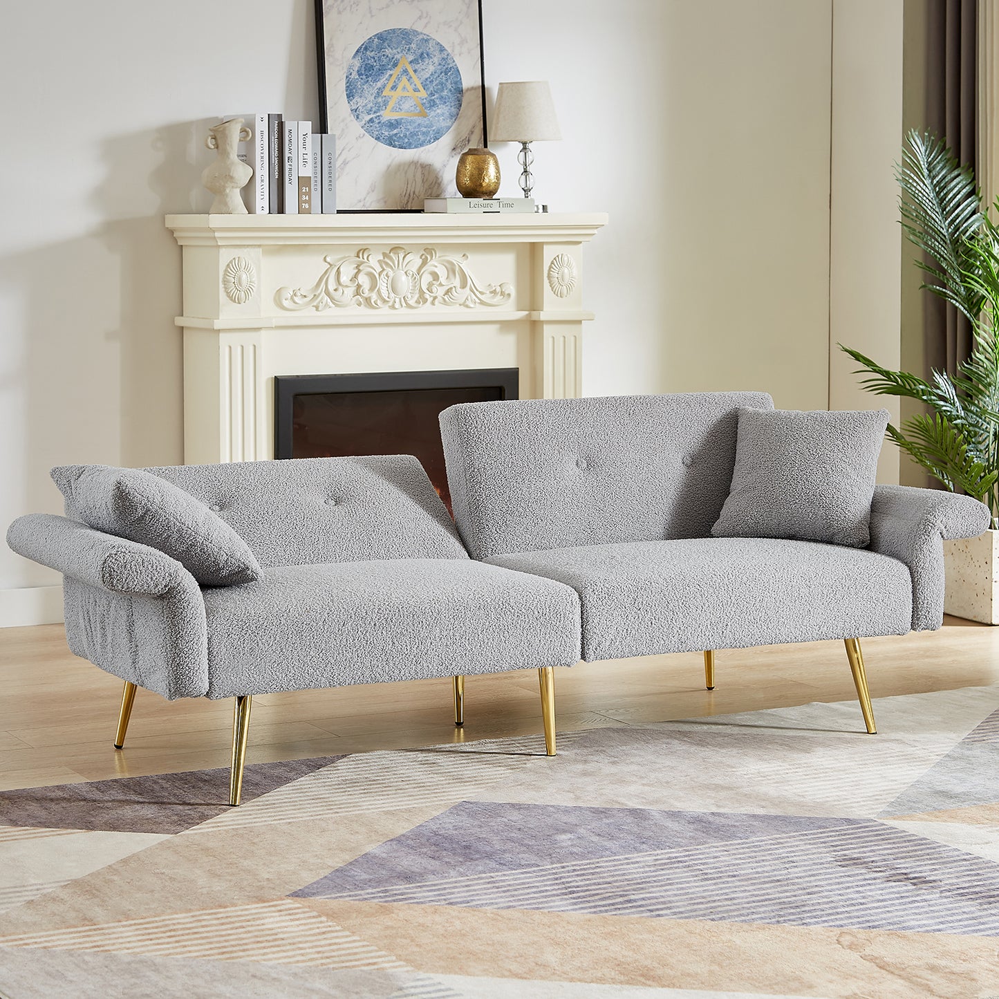 Folding Sleeper Sofa Bed with Foldable Armrest, Adjustable Backrest &amp; Golden Metal Legs – 3-in-1 Futon Loveseat for Living Room (Grey/Dark Blue)