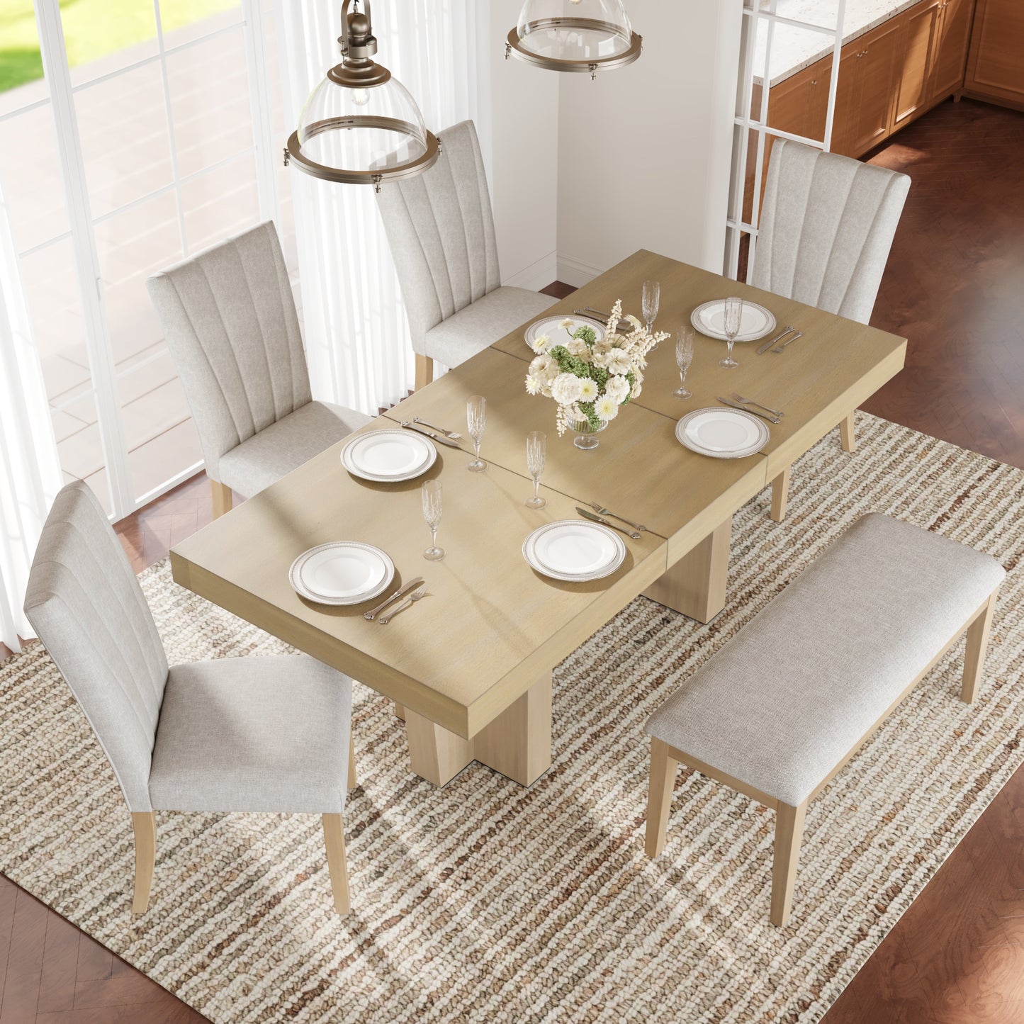Extendable Wood Dining Table Set for 6, Kitchen Table Set with Bench and 4 Upholstered Chairs