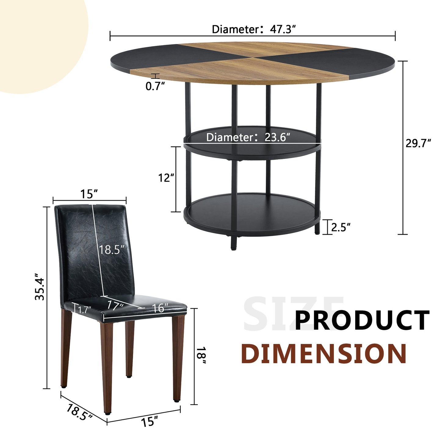 47.3 - Inch Spliced - Color Circular Dining Table Set: 4-6 Black PU Chairs, Double - Layer Storage