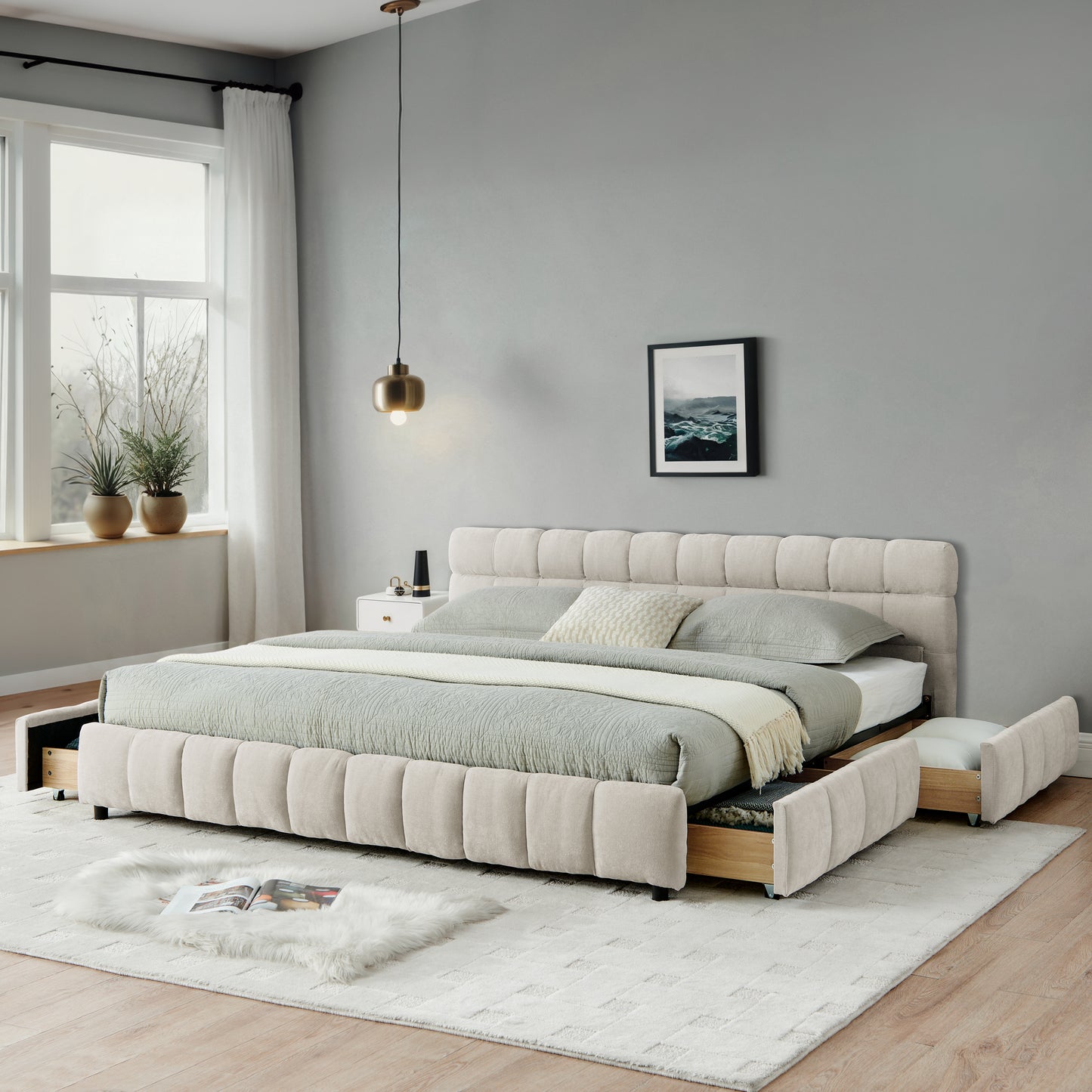 California King size Upholstered Bed Frame, Chenille fabric with headboard and solid bed frame. With drawer for storage