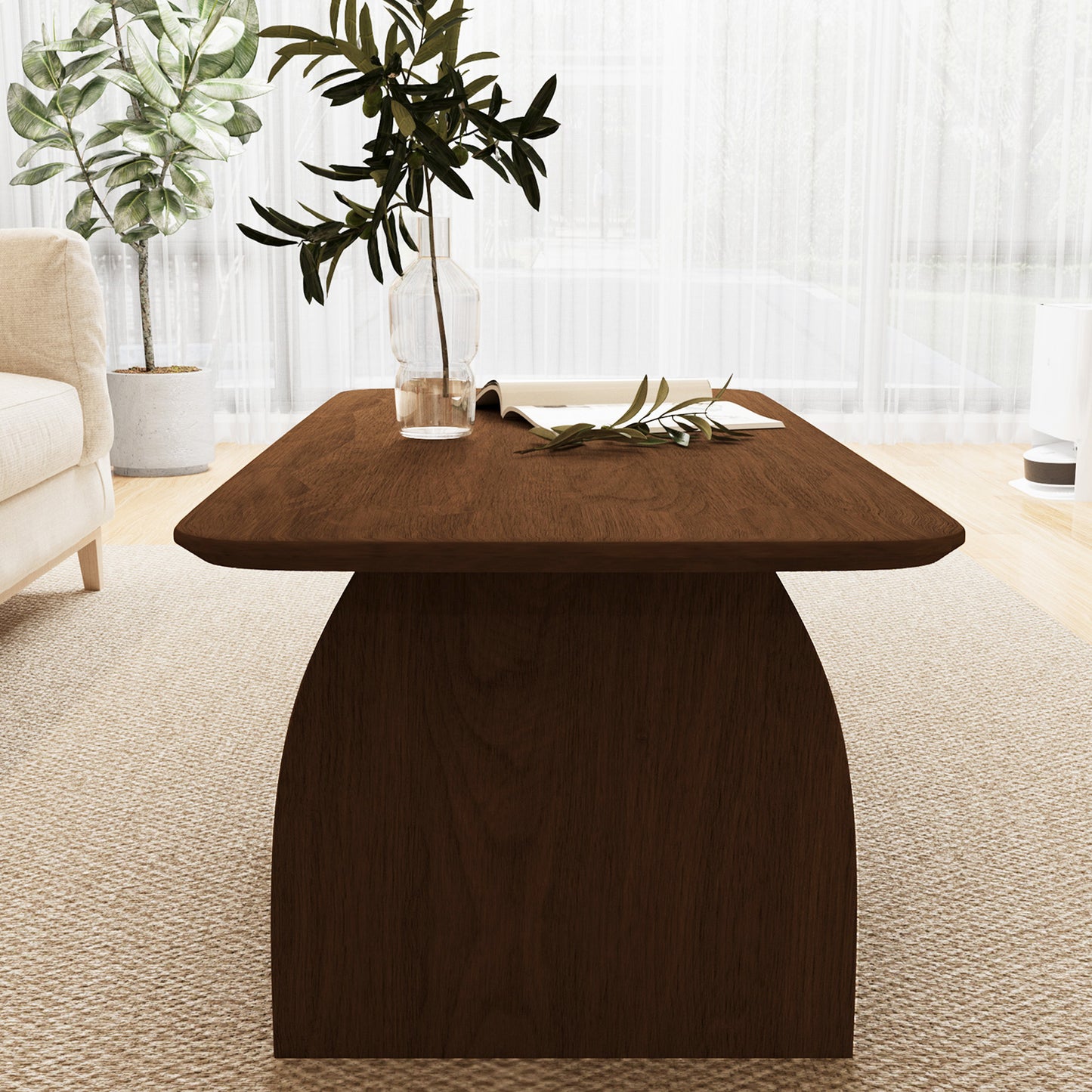Double-layer rectangular coffee table with storage function, rounded corner design, MDF material