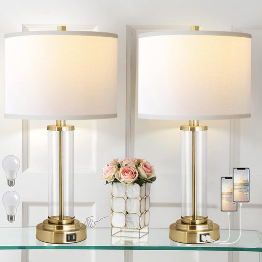 Gold Table Lamps for Bedrooms - Set of 2, 3-Way Dimmable with USB Ports