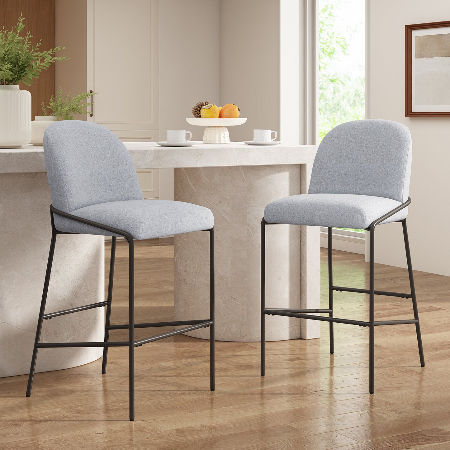 Metal Upholstered Barstool – Antique Bronze Frame with Gray Fabric, Set of 2 – Modern Industrial Bar Stools