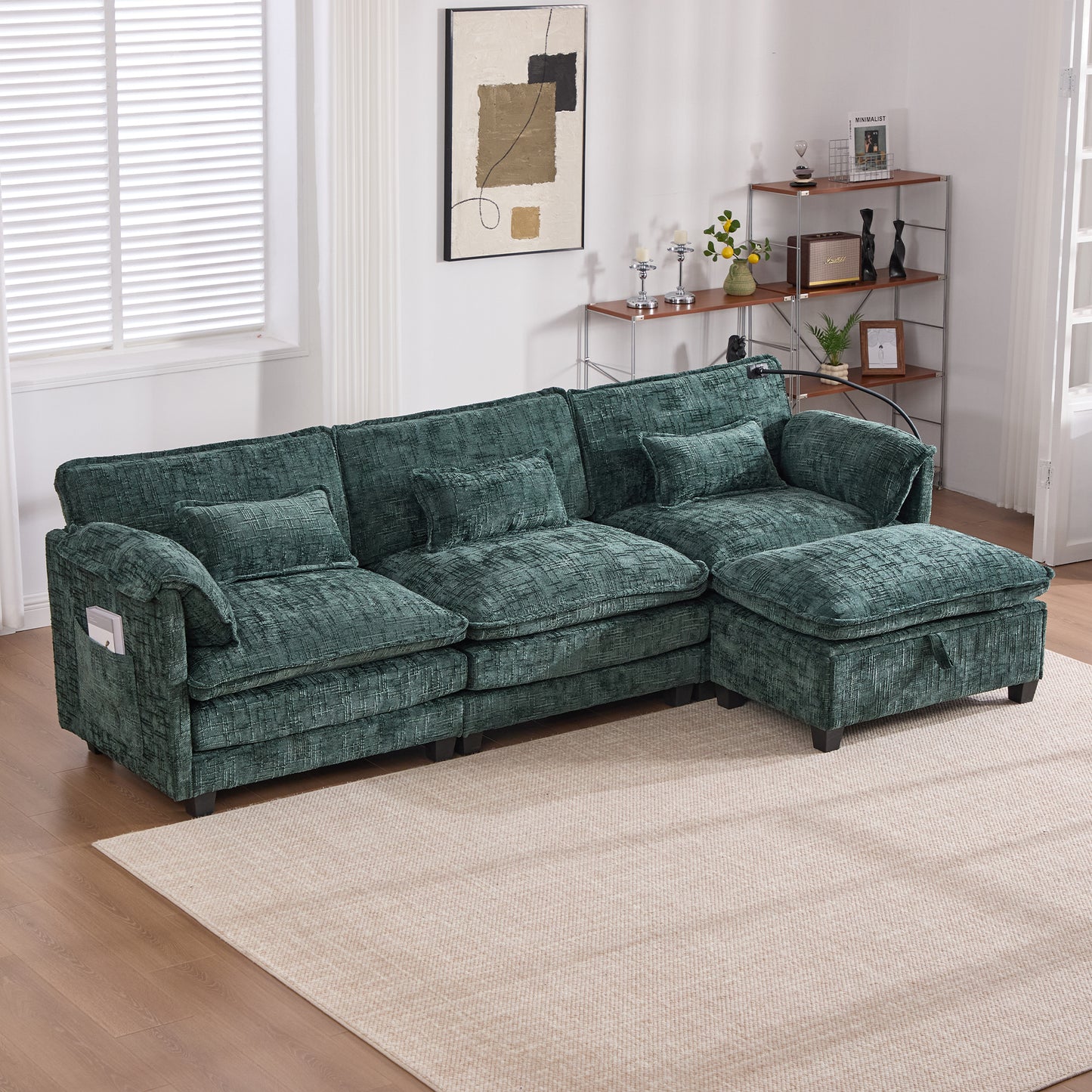 Modern Chenille L Shaped Couch, Comfy Boucle Modular Sofa Sleeper with Movable Storage Ottoman, Phone Holder, USB Charging Port