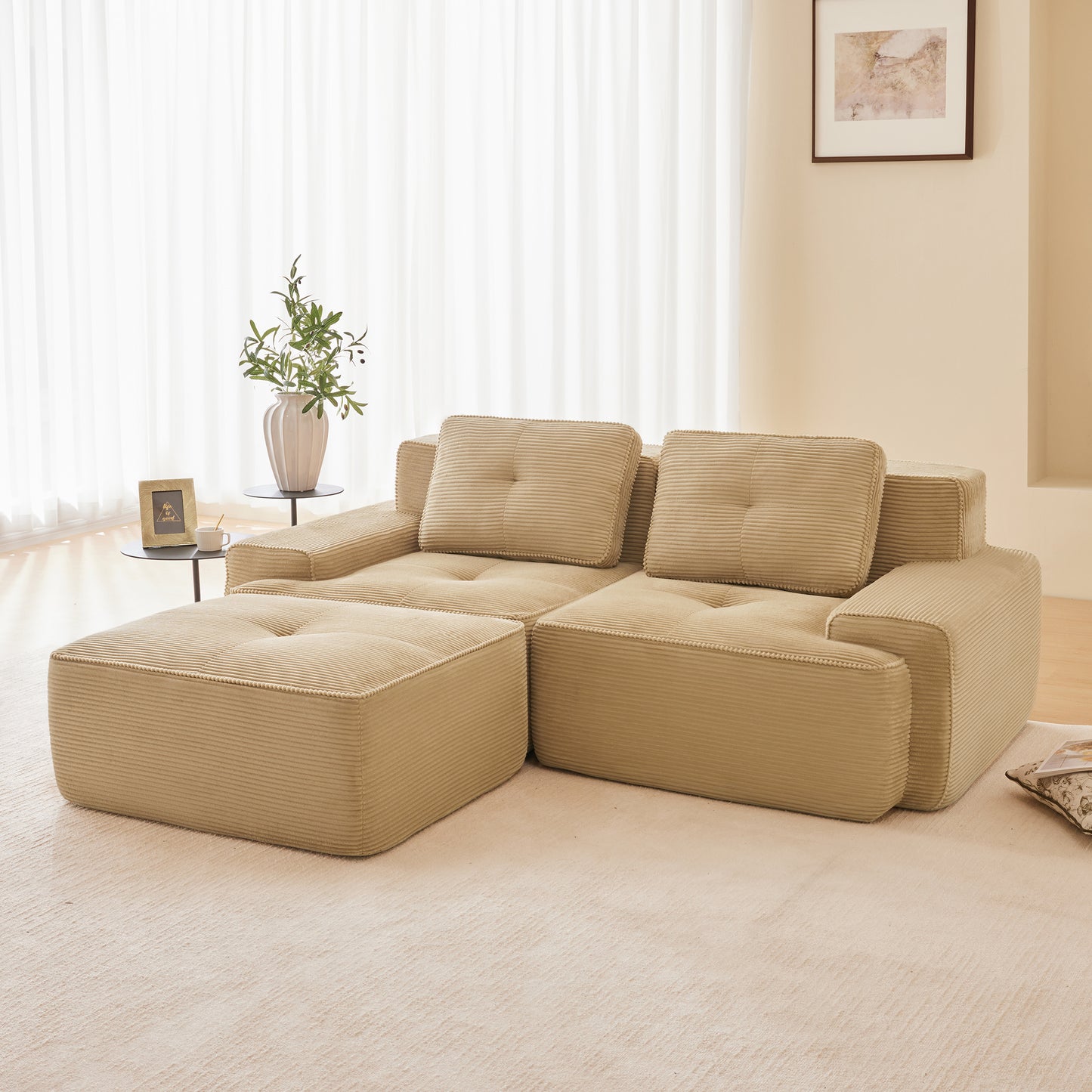 Modular Sectional Sofa for Living Room, Corduroy Fabric Deep Seat and Movable Ottoman, Pearl-like piping, Tufted Design, No Assembly
