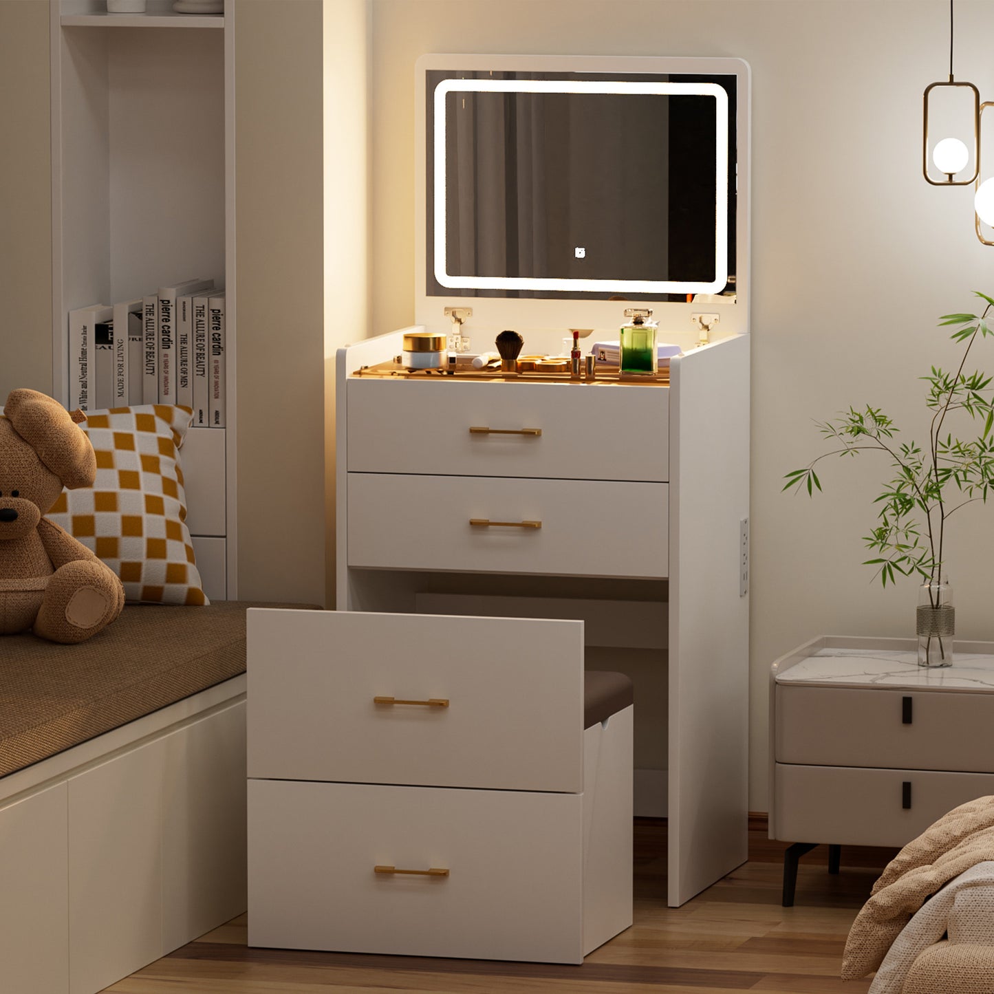 23.6'' Wide Makeup Vanity Table: Flip - Top Lighted, 3 - in - 1 with Storage Stool, Glass, LED, Power Outlet