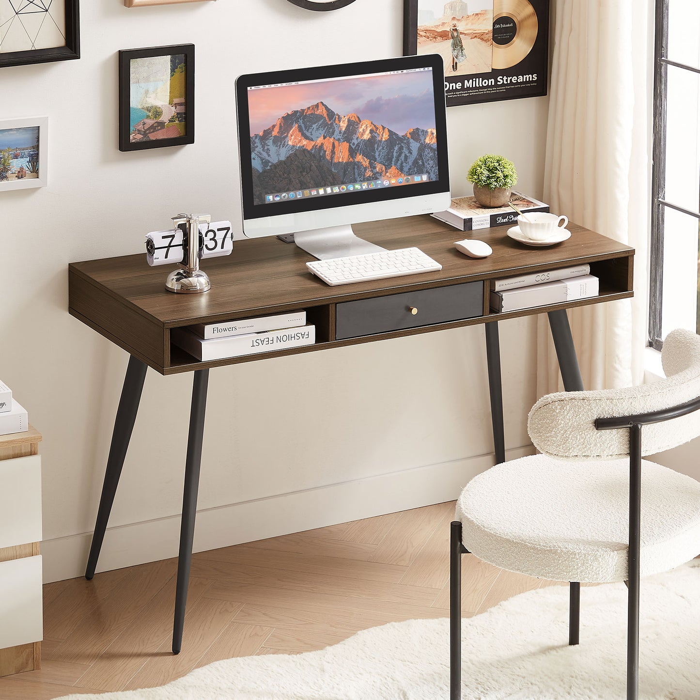 Mid - Century Modern Desk: USB Ports, Power Outlet, Drawers for Home Office