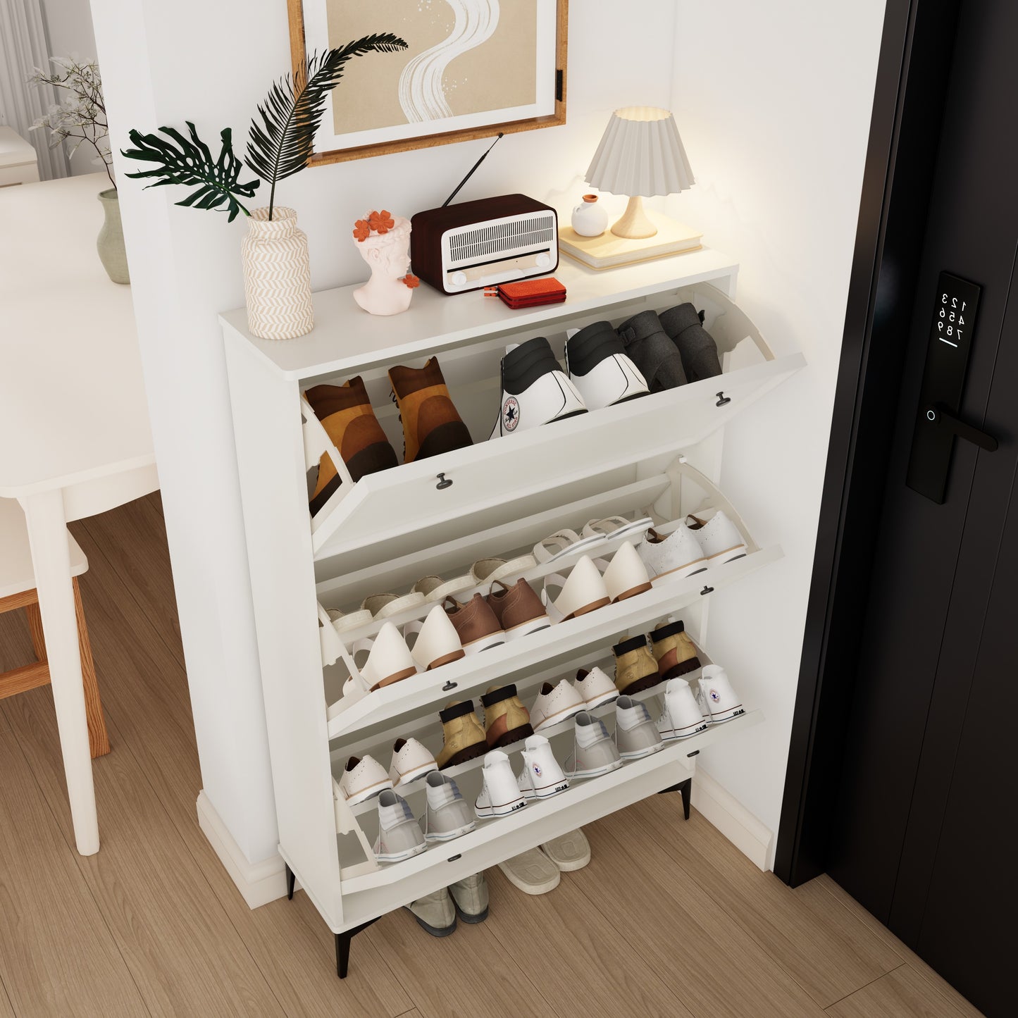 Modern Stylish White Entrance Shoe Cabinet: 3 Flip Drawers, Narrow & Hidden Design