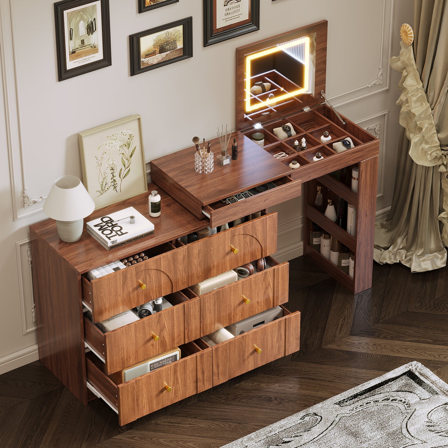 Vanity Desk with Mirror and Lights: Makeup Vanity with Flip - Top, 7 Drawers, 9 Compartments & 3 Shelves