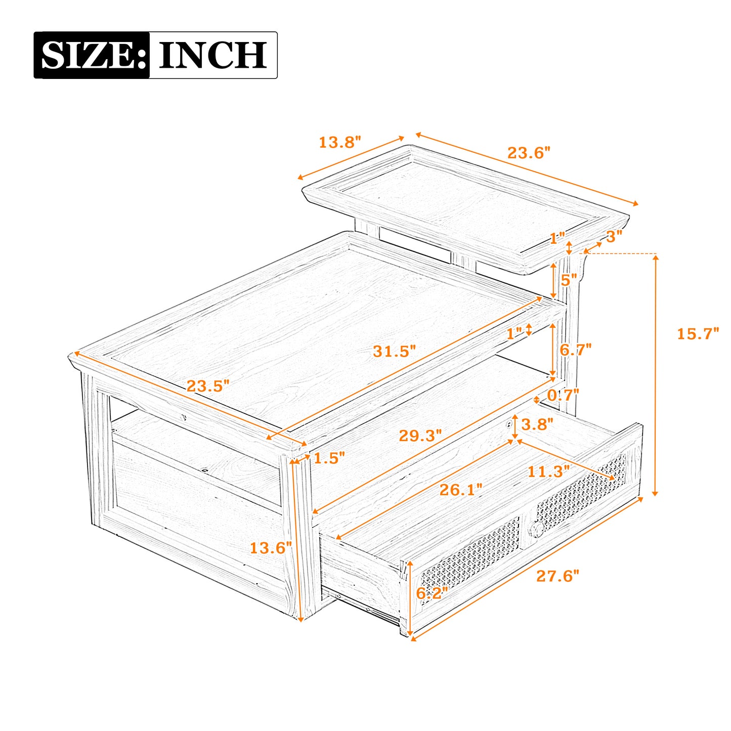 Modern Living Room Coffee Table: 1 Storage Shelf, 2 Tabletops & Rattan Drawer