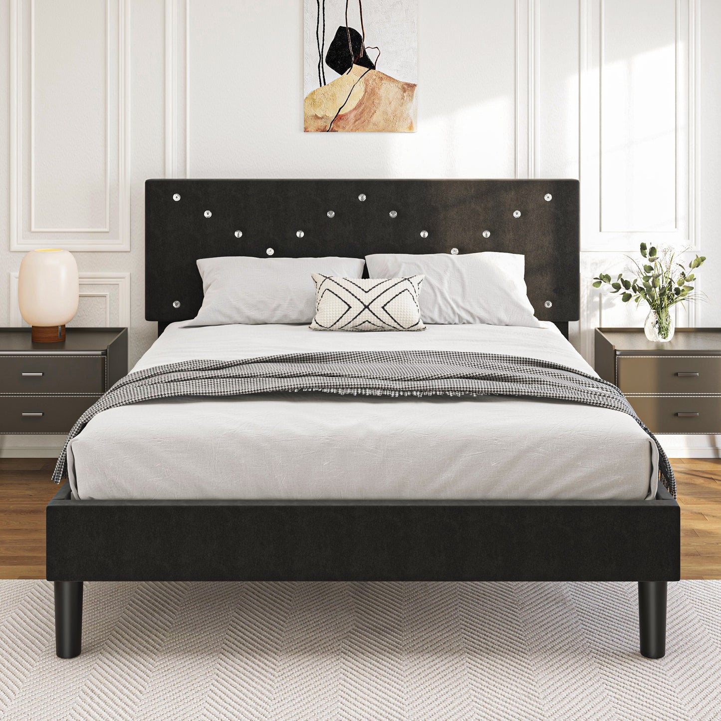 Modern Platform Bed Frame with Upholstered Headboard and Wooden Slats - Skip Box Spring, Easy Assembly