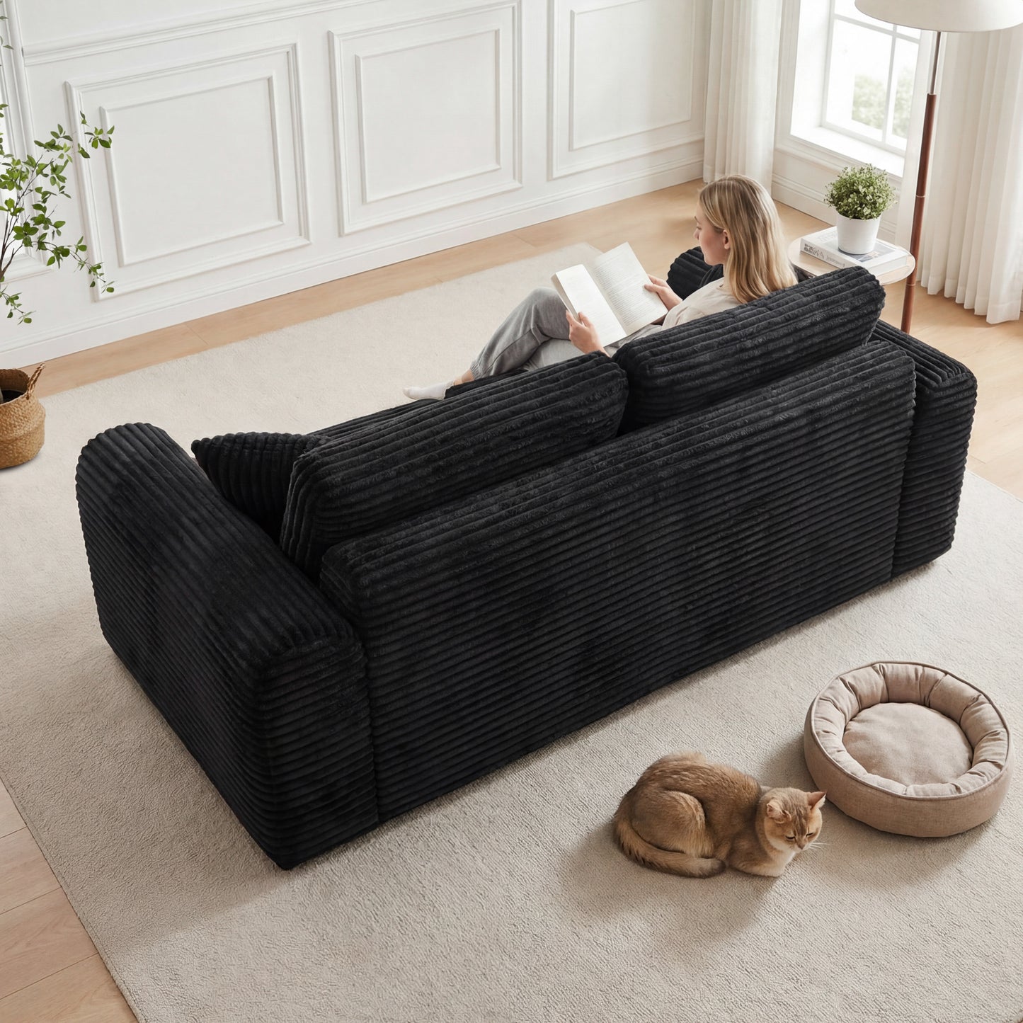3-Seater Corduroy Boneless Couch with 2 Pillows | No Assembly, Vacuum-Sealed Sofa-in-a-Box for Living Room – Beige/Black