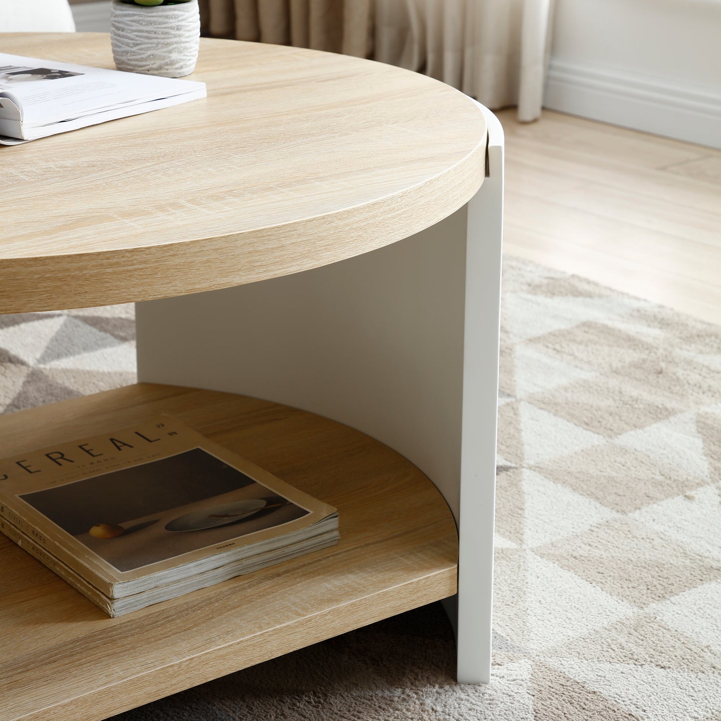 3 - Table Set: 31" Round Coffee Table for Living Room, 2 - Tier Rustic Wood with Storage Shelf