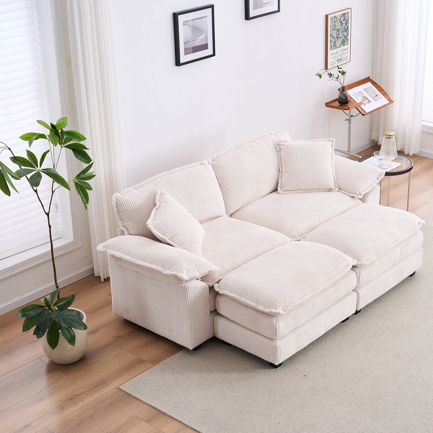 Corduroy 2-seats sofa With 2 back pillows,2 toss pillows and two ottoman,Comfy Sofa- Deep Seat Couch