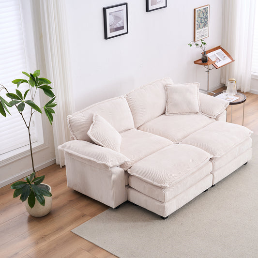 Corduroy 2-seats sofa With 2 back pillows,2 toss pillows and two ottoman,Comfy Sofa- Deep Seat Couch