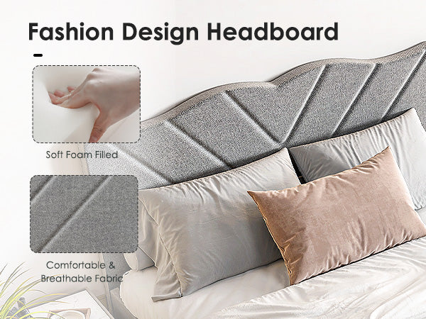 Modern Platform Bed Frame with Upholstered Headboard and Wooden Slats - Skip Box Spring, Easy Assembly