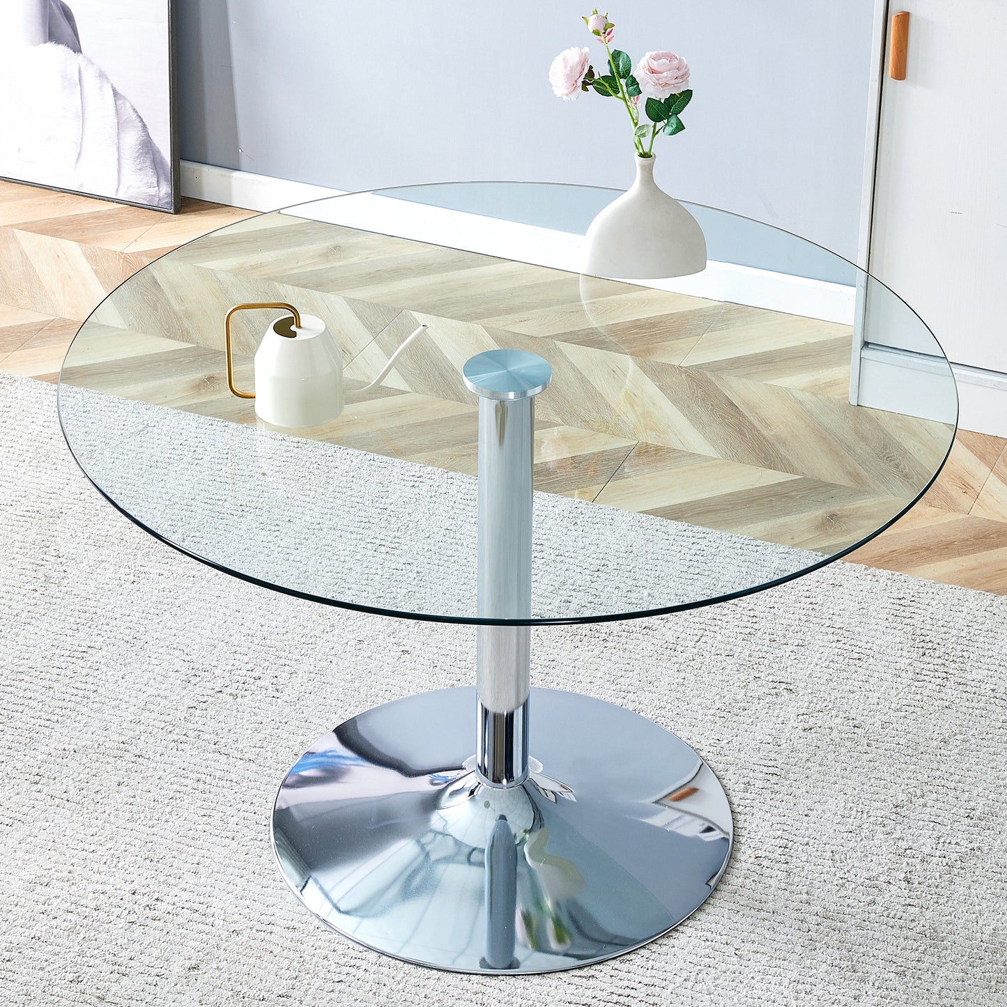 Modern Minimalist Round Dining Table - Gold Metal Legs, Diameter Glass Top for Multiple Rooms